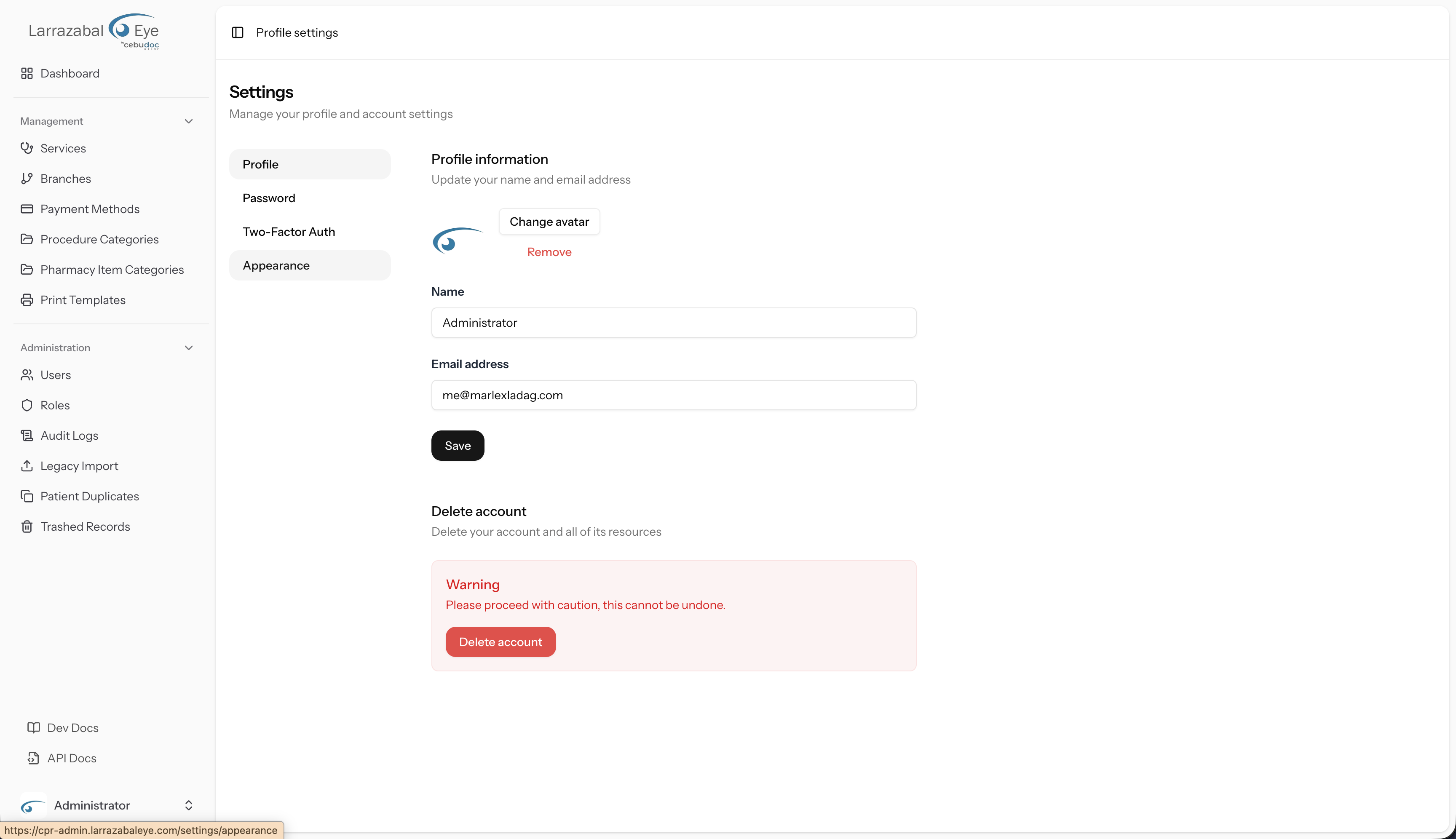 The Profile settings screen
