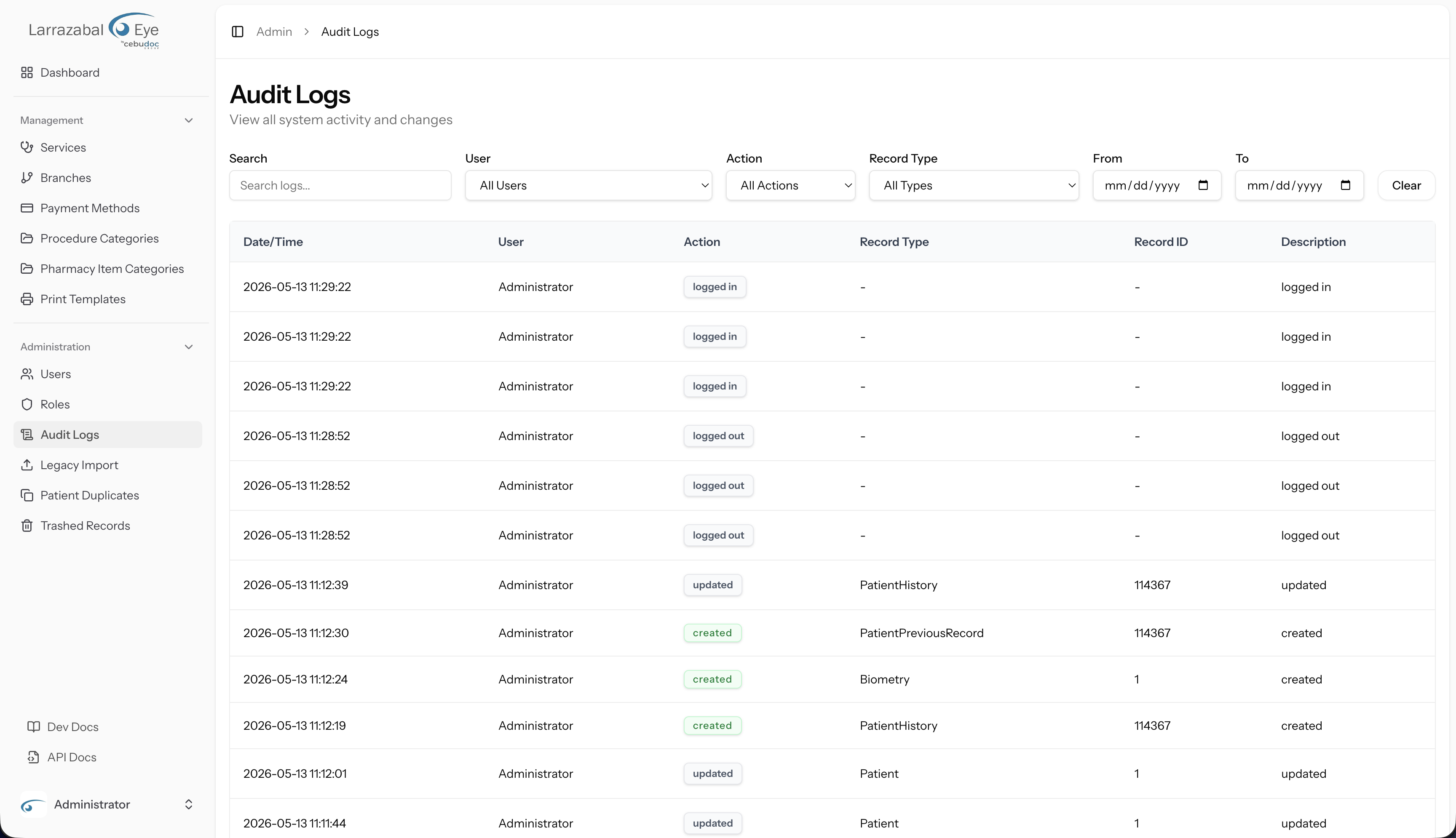 The Audit Logs screen
