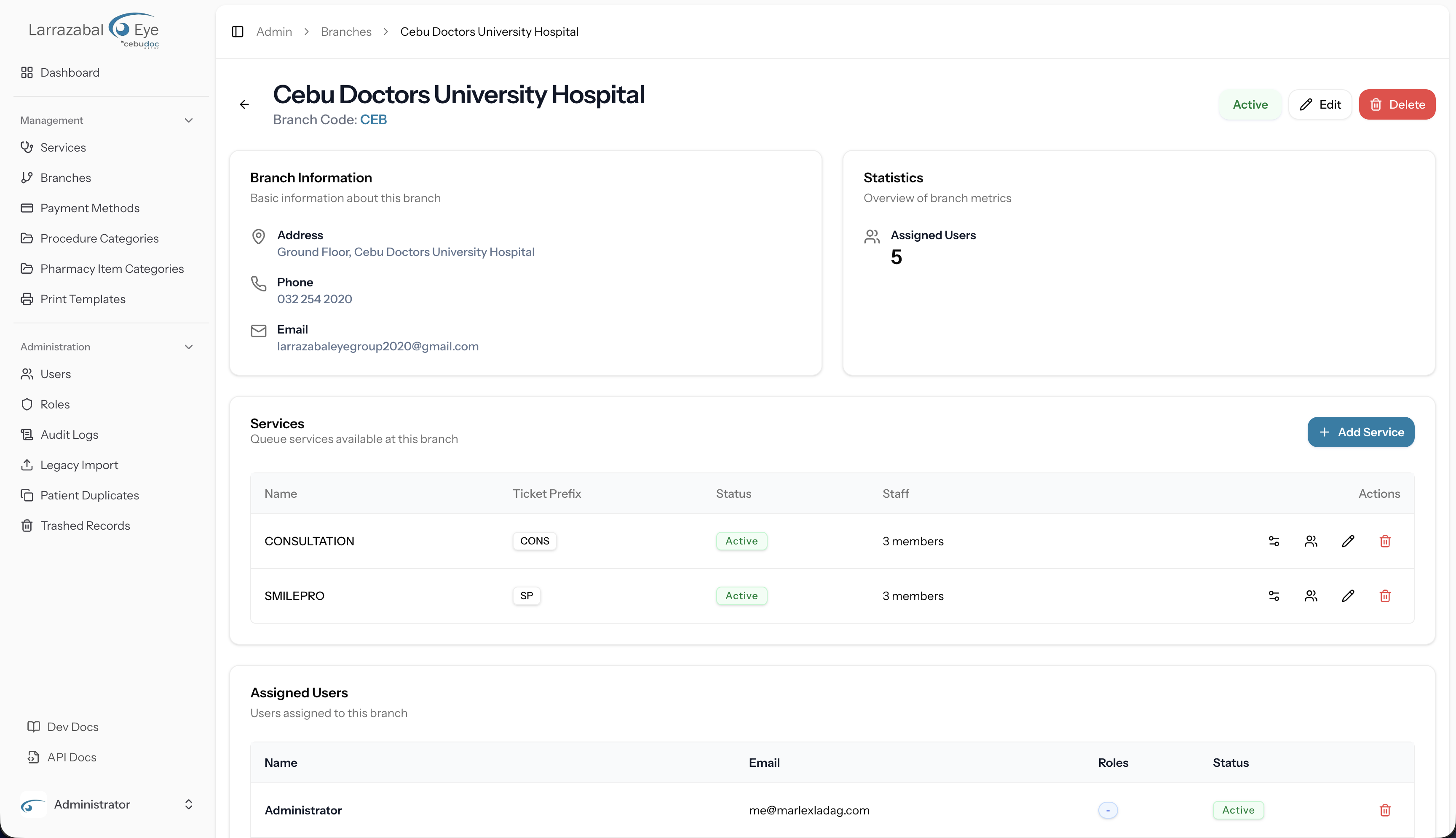 A branch detail page — branch information, statistics, services, and assigned users