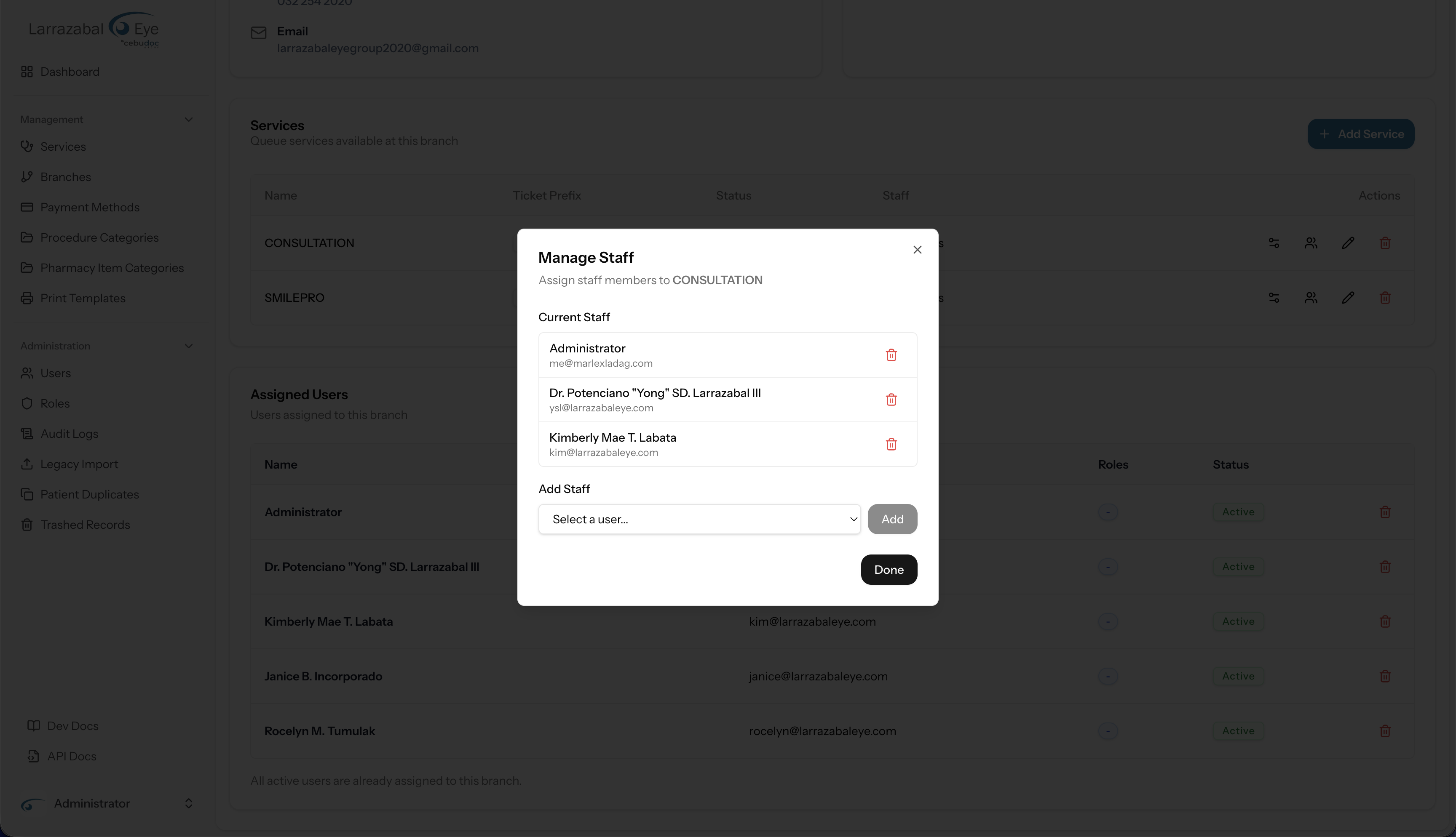 The Manage Staff dialog for a branch service