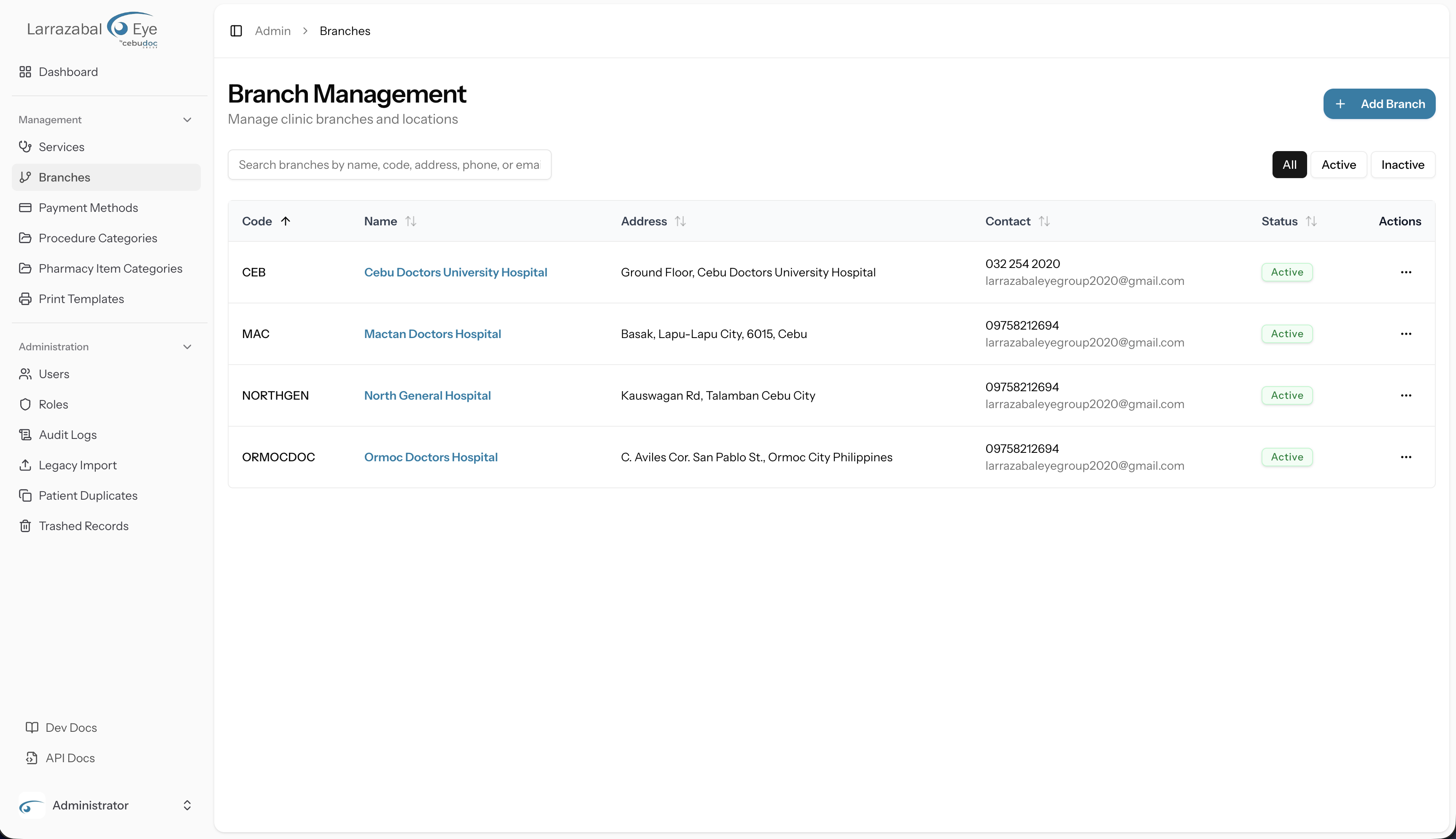 The Branch Management list
