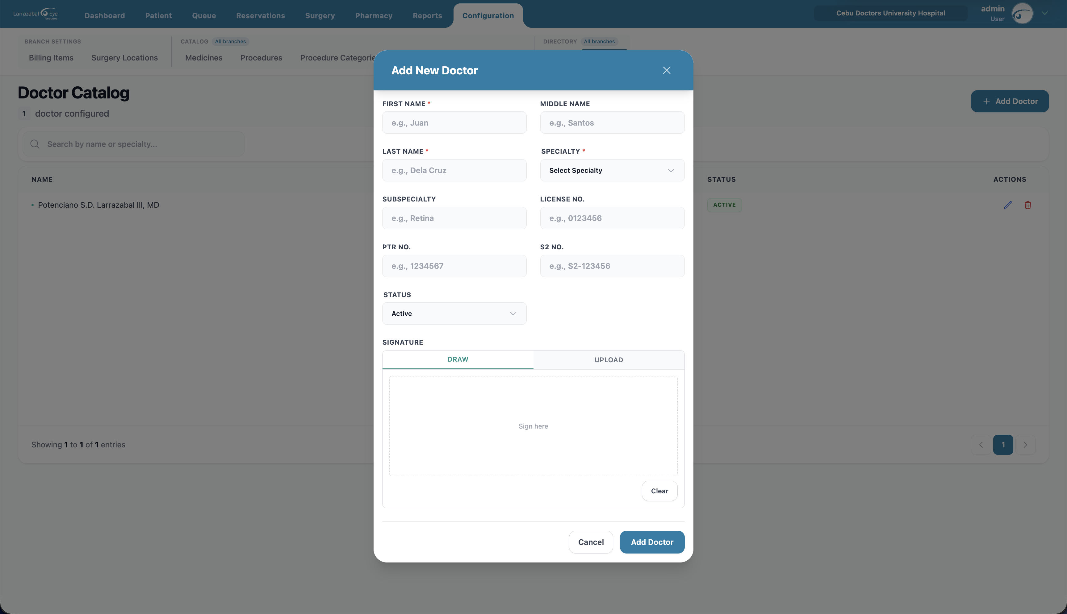 The doctor form, including the signature draw/upload control