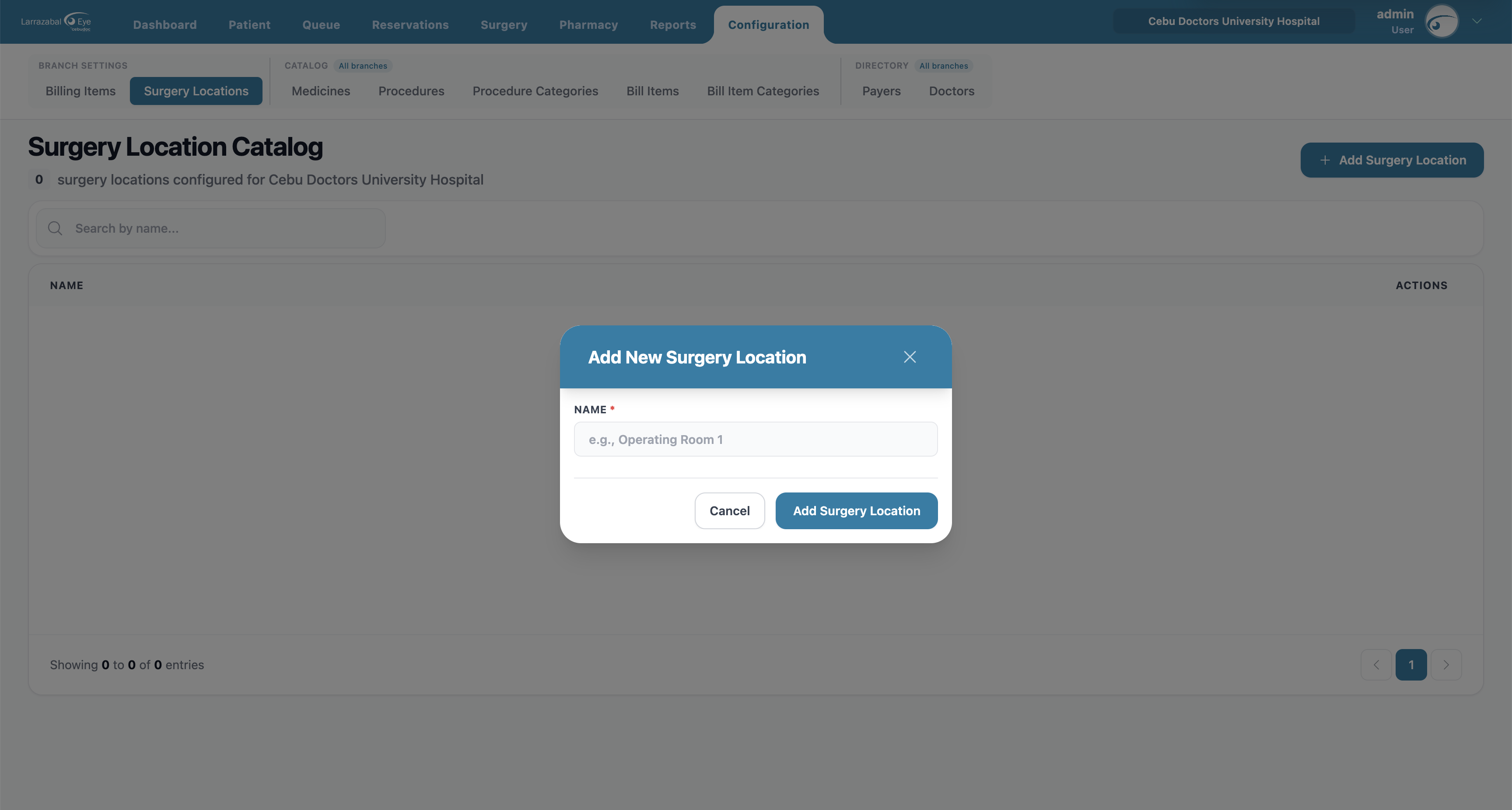 The Add New Surgery Location dialog