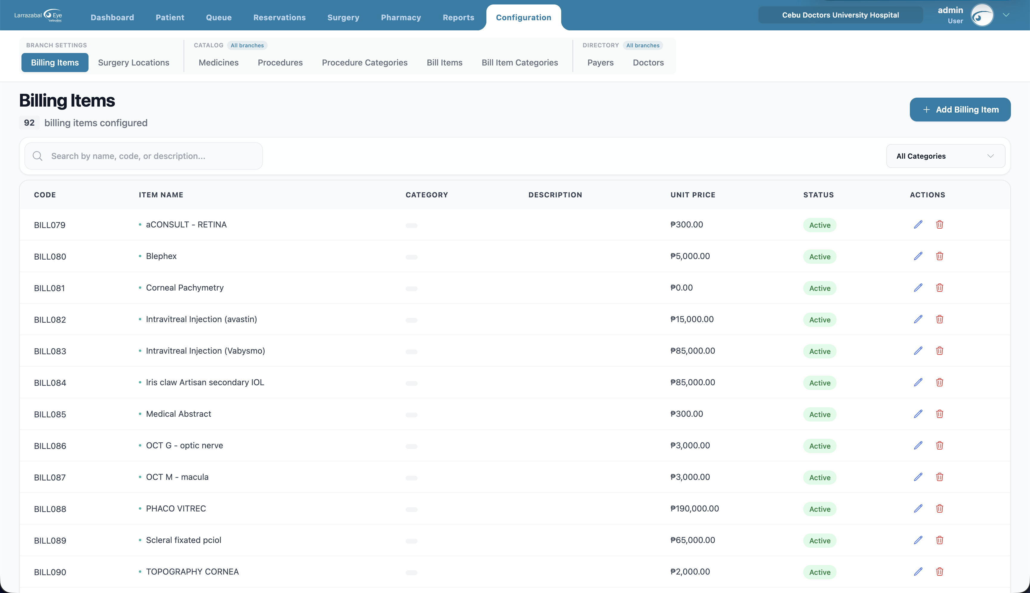 The Billing Items list