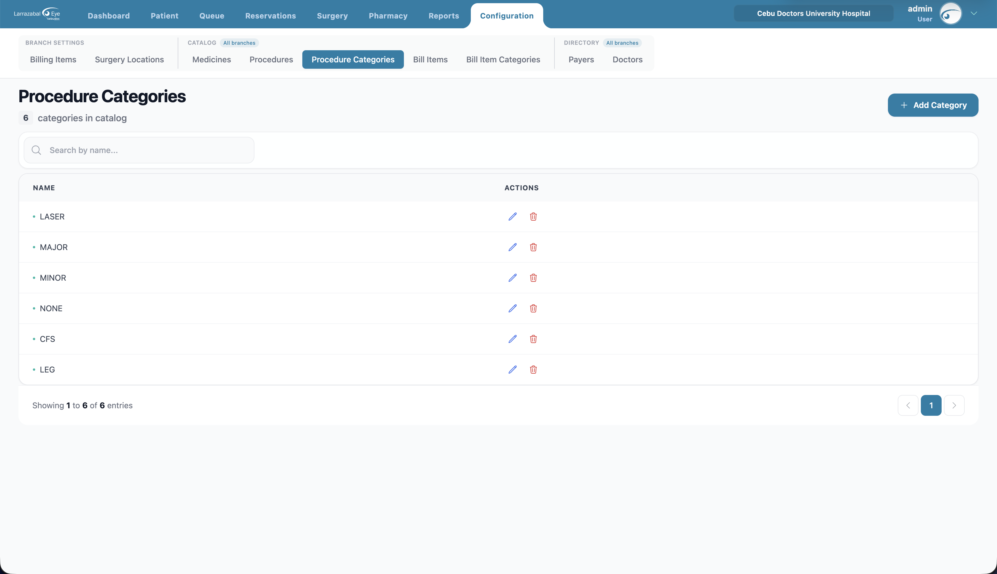 The Procedure Categories list