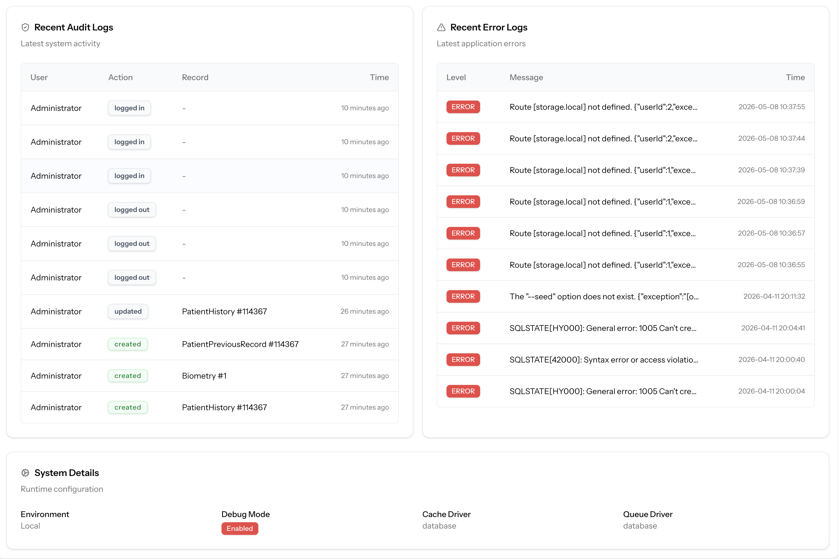 Recent audit logs, recent error logs, and system details