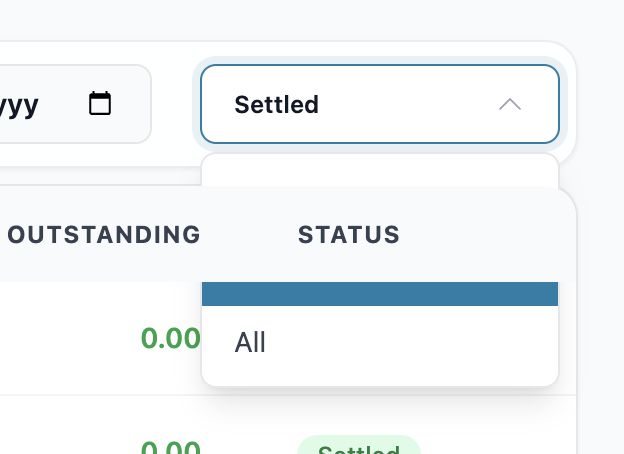 A status filter dropdown open on a report