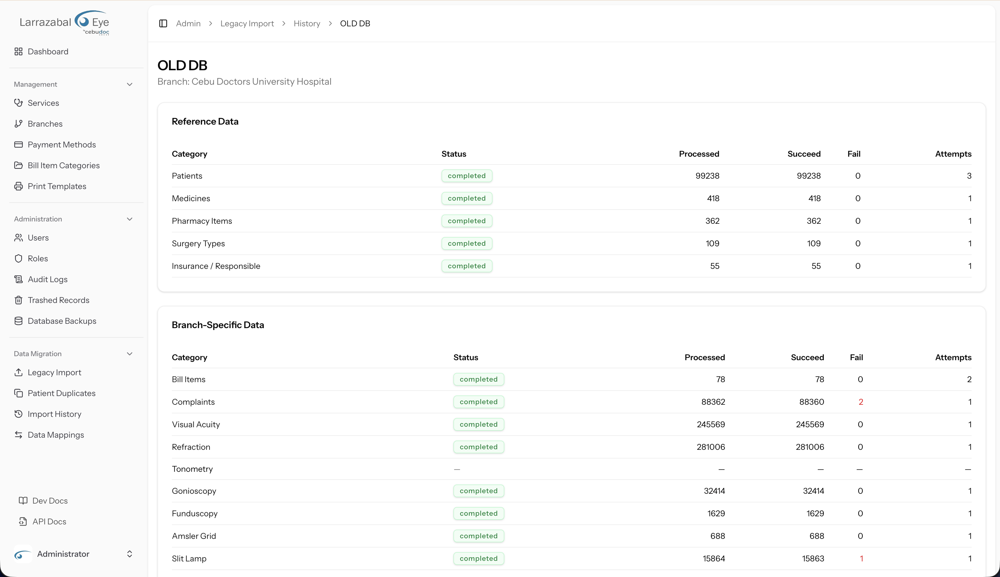 A legacy import batch detail — reference and branch-specific categories
