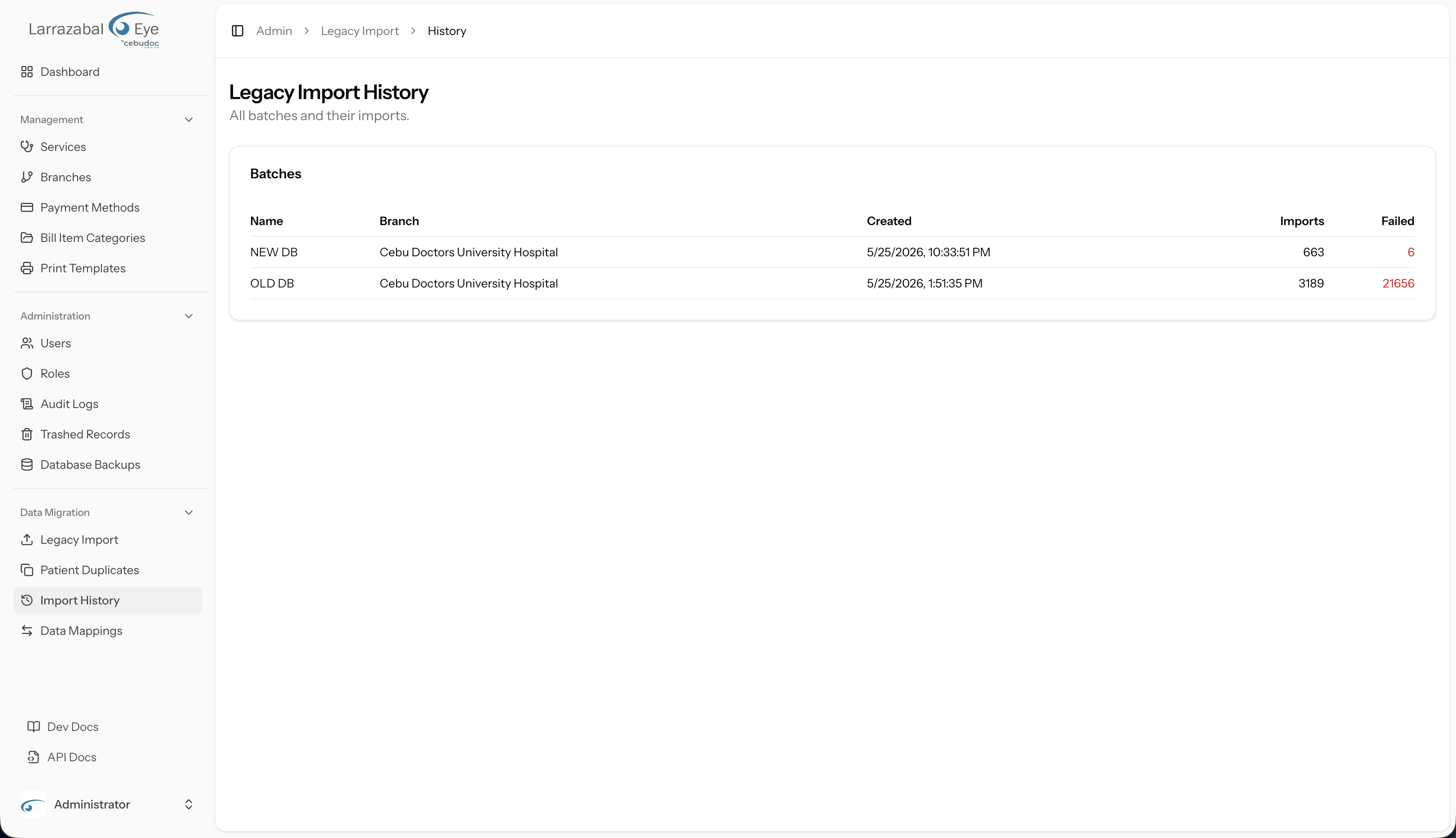 Legacy Import History — batches