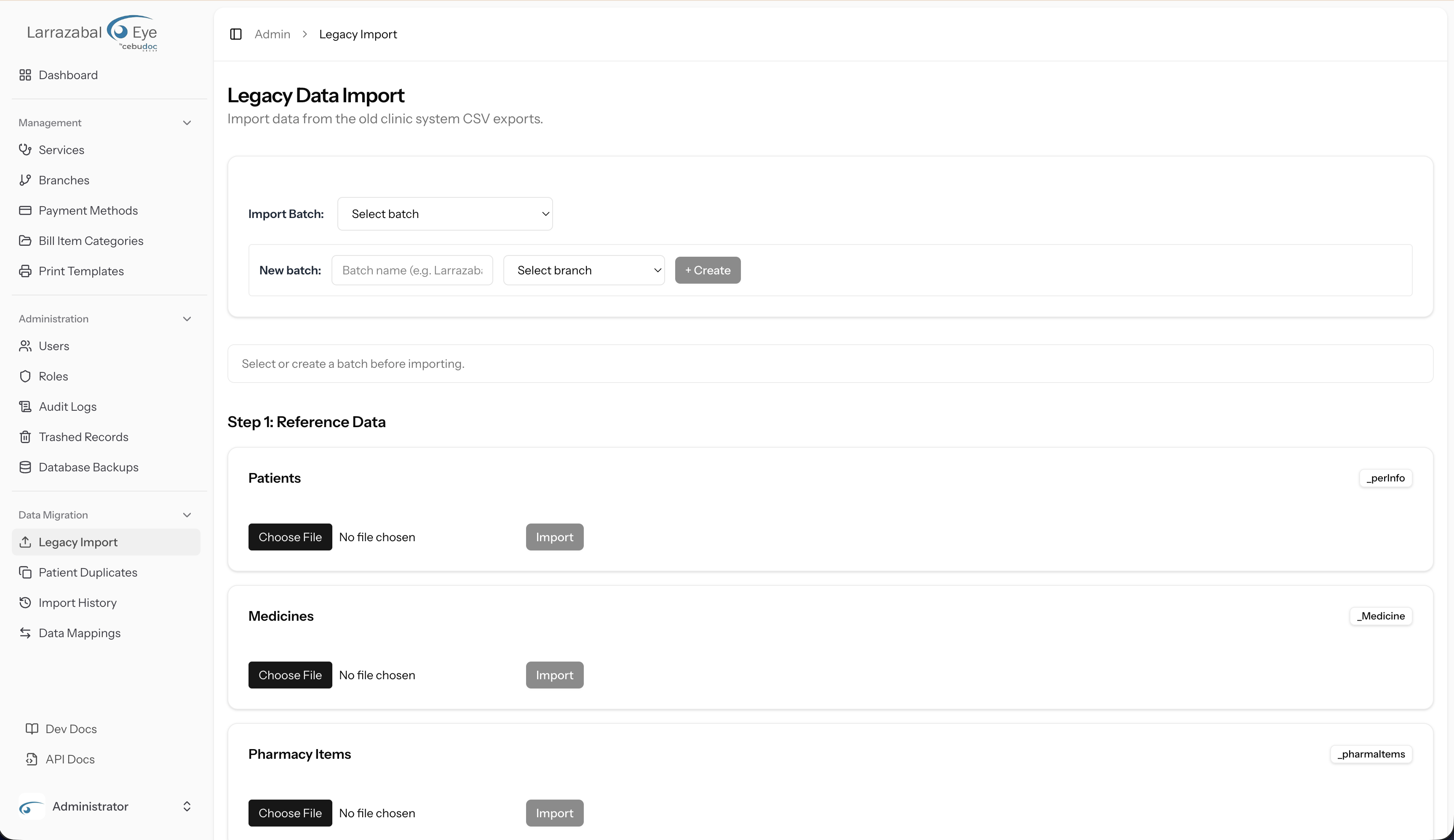 The Legacy Data Import screen