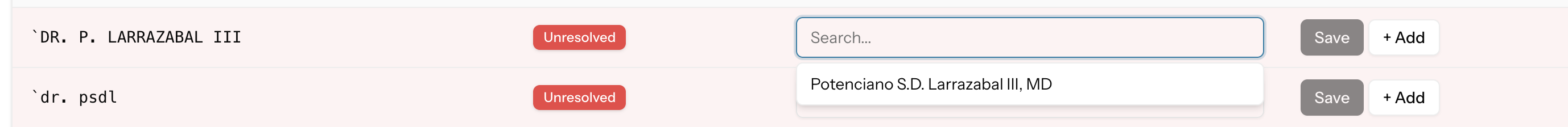 Searching for a doctor by partial name