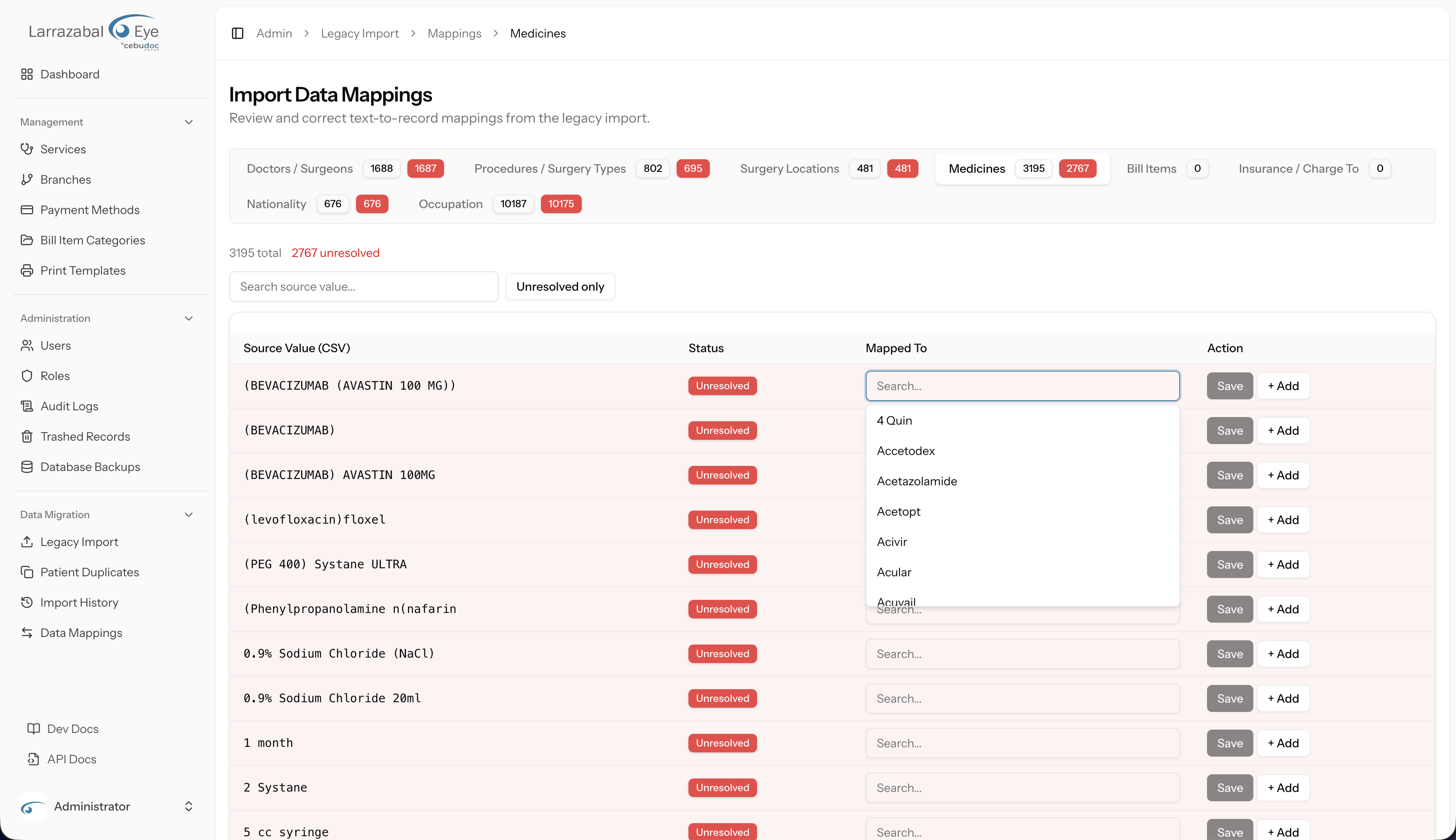 Medicines tab with candidate dropdown