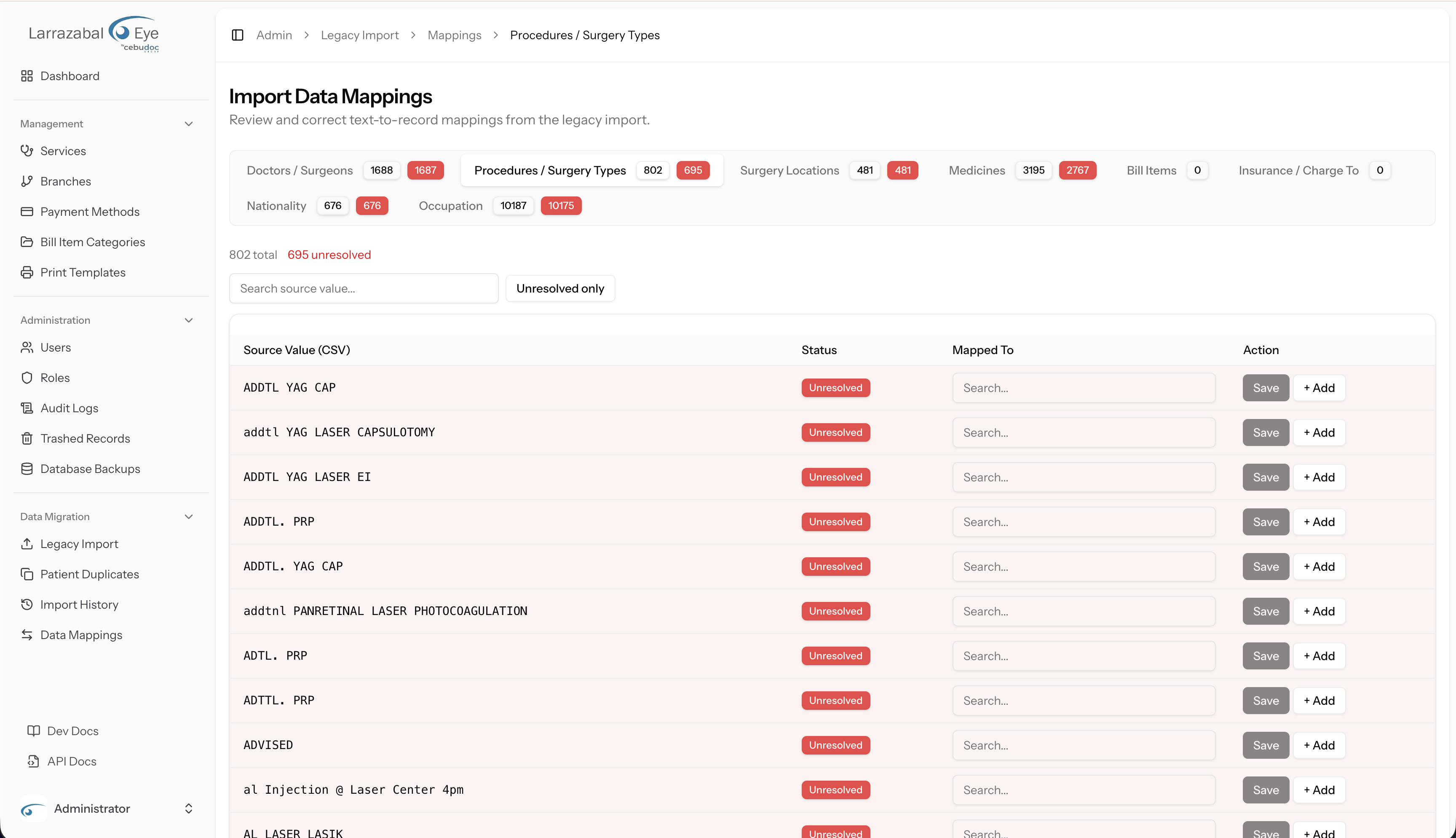 Procedures / Surgery Types tab