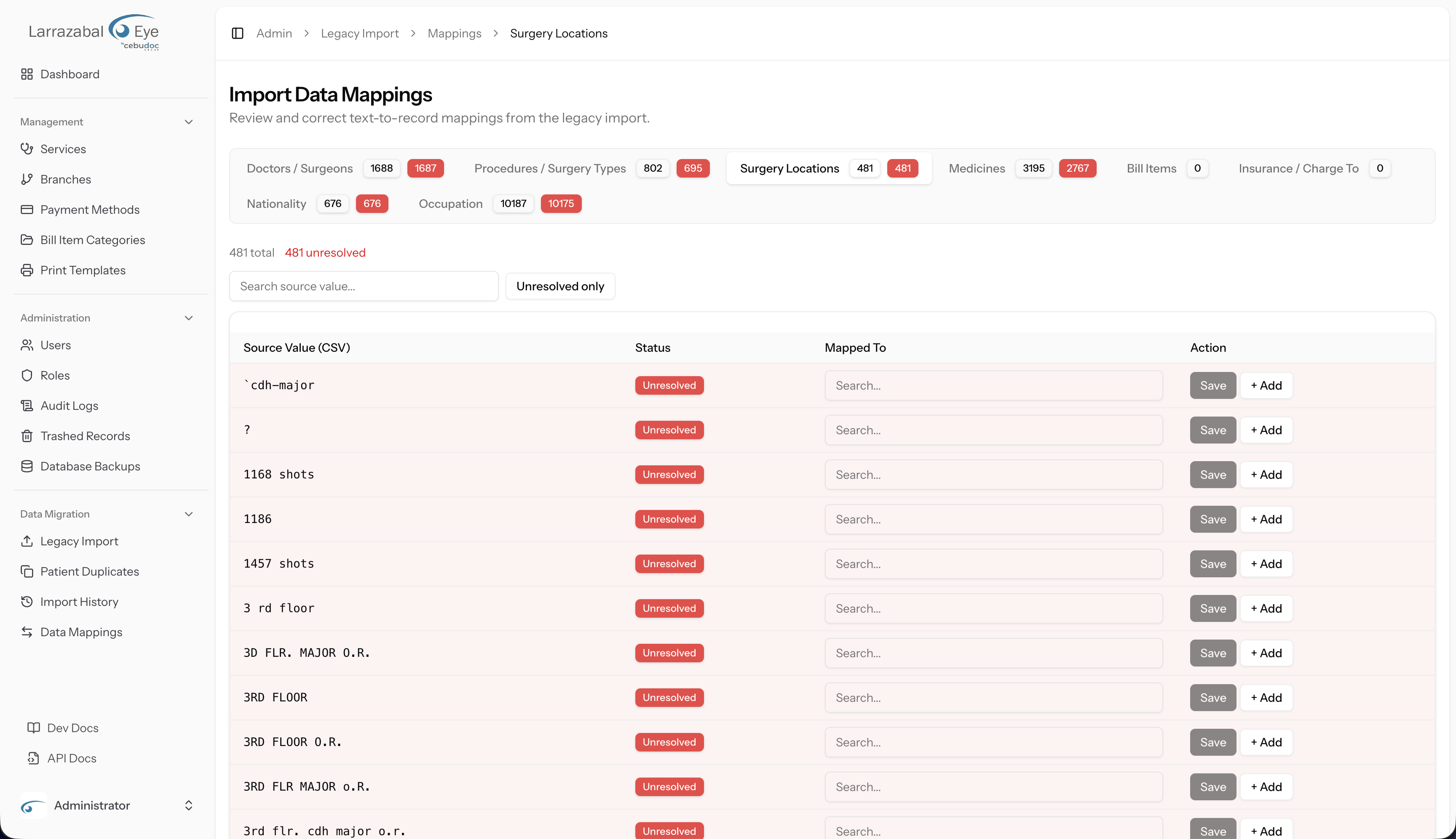 Surgery Locations tab