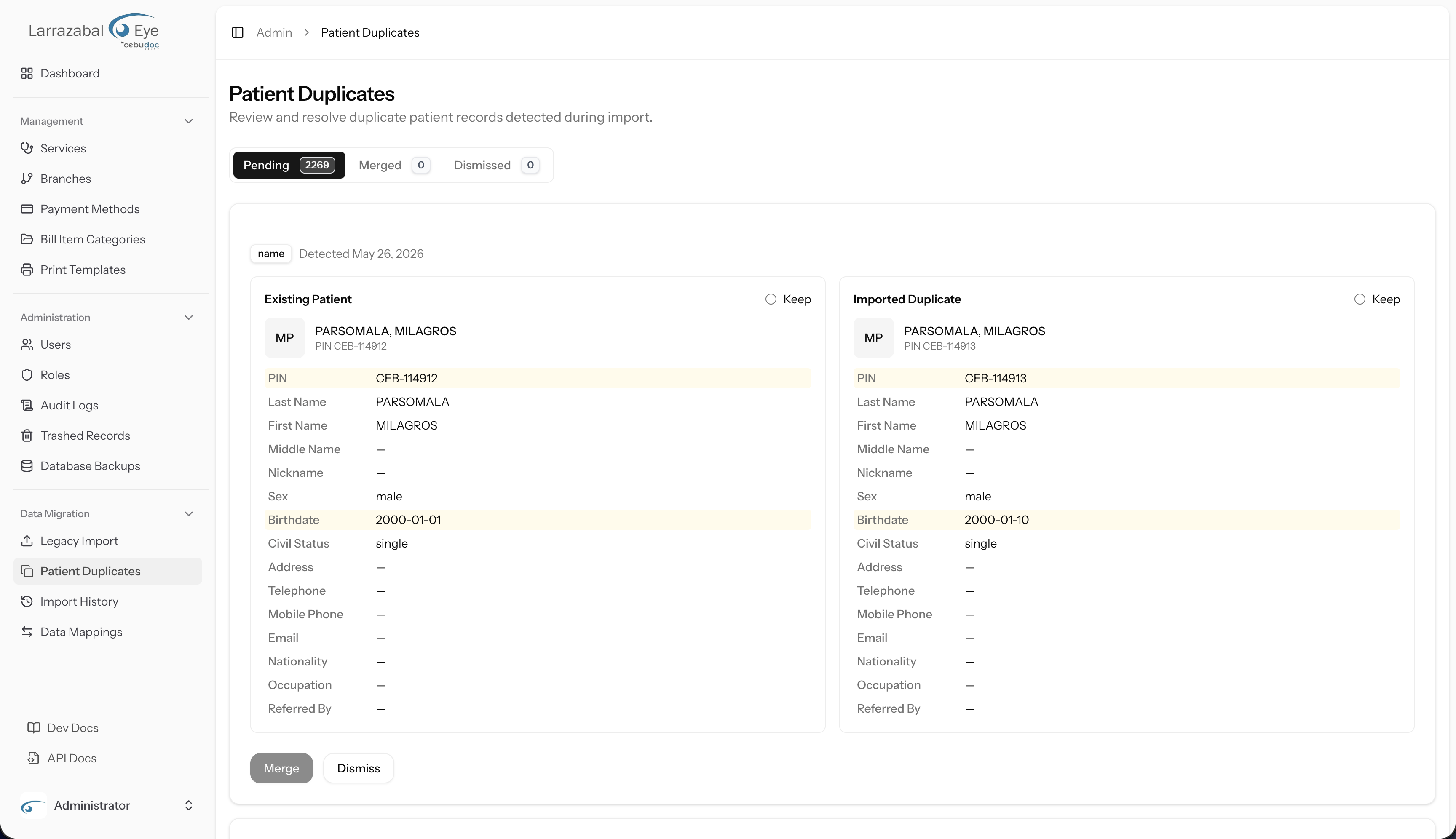 The Patient Duplicates screen — a candidate pair side by side
