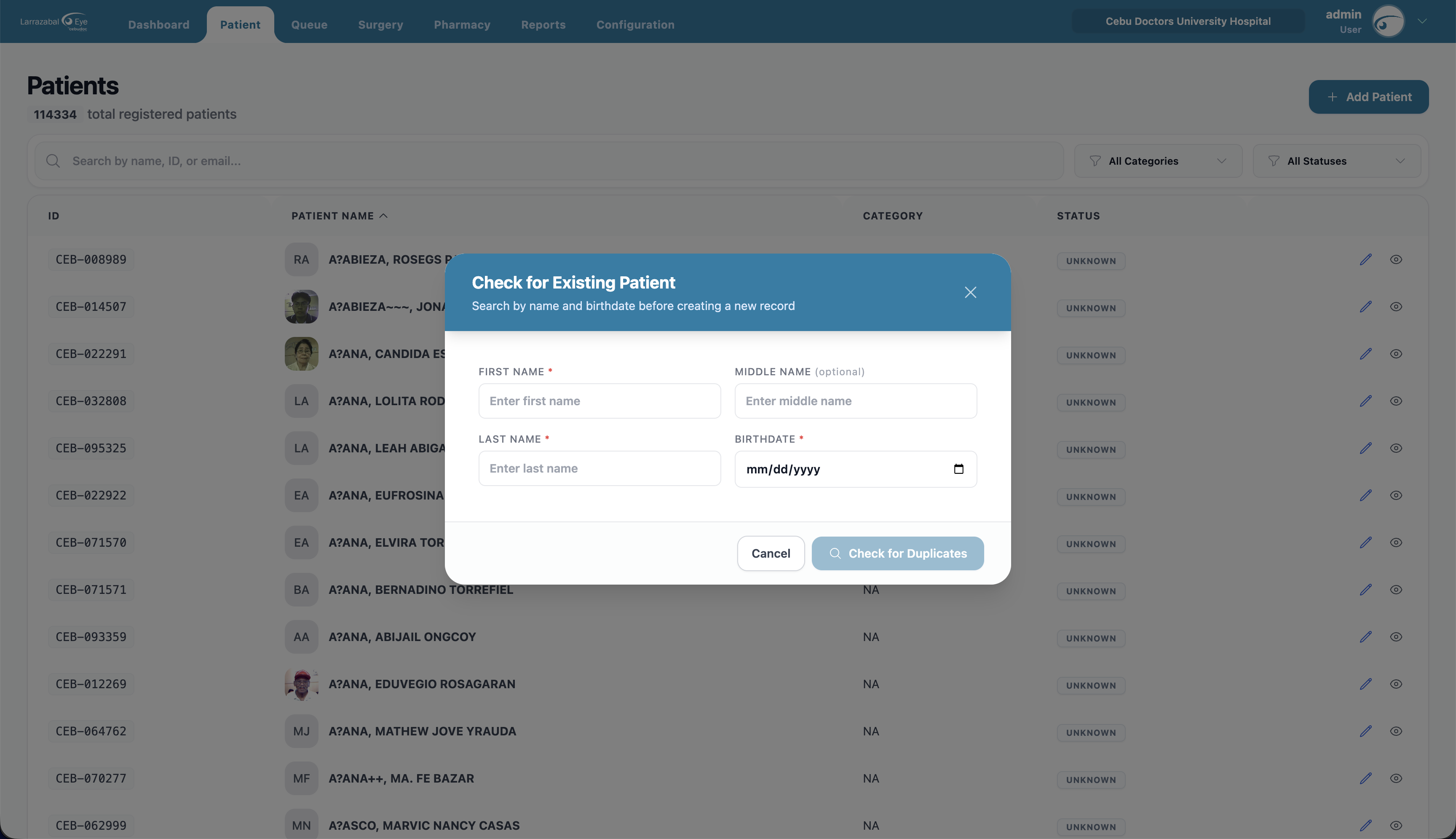 The "Check for Existing Patient" duplicate-check dialog