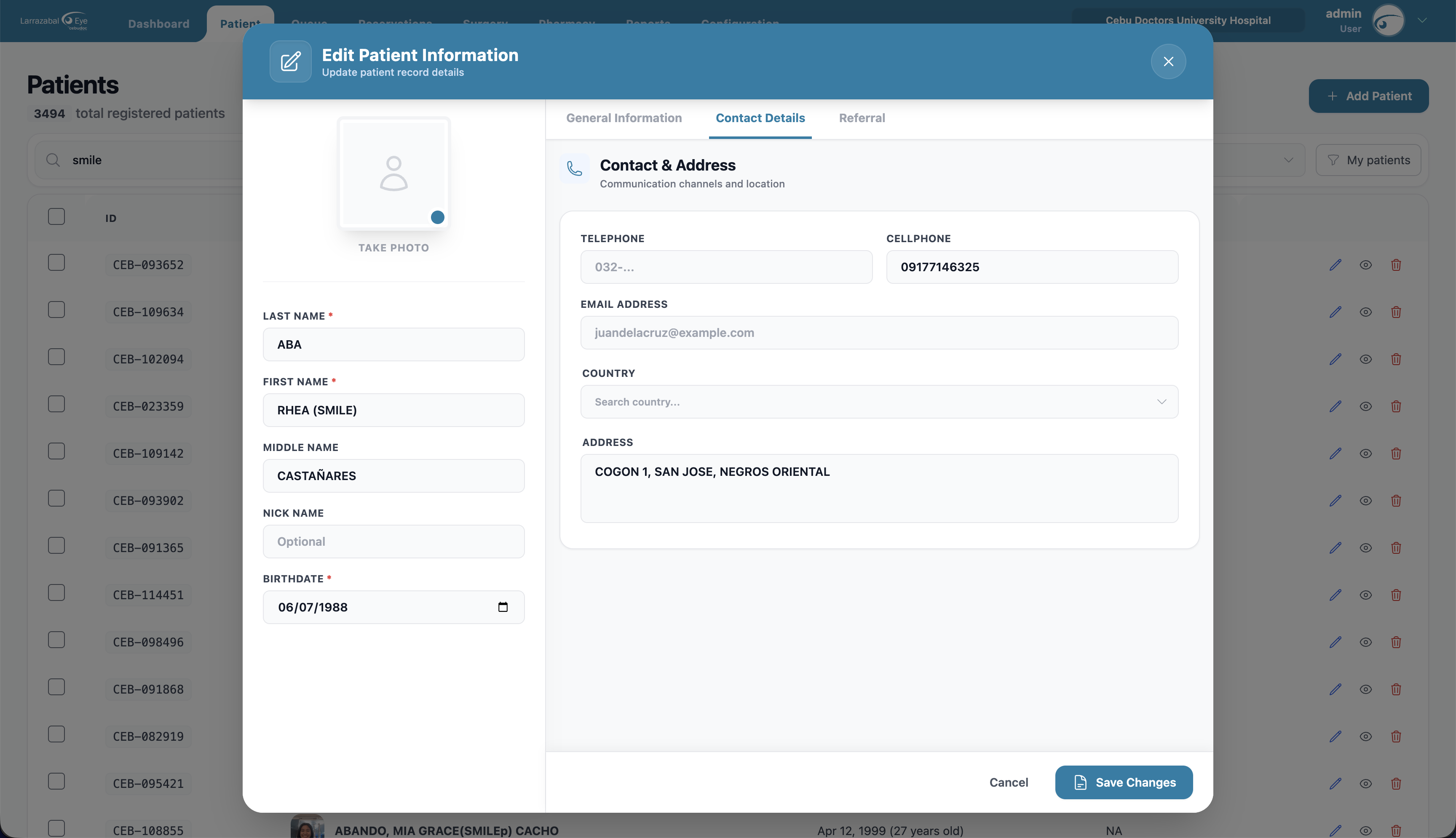 The patient form's Contact Details tab with the Philippine address picker