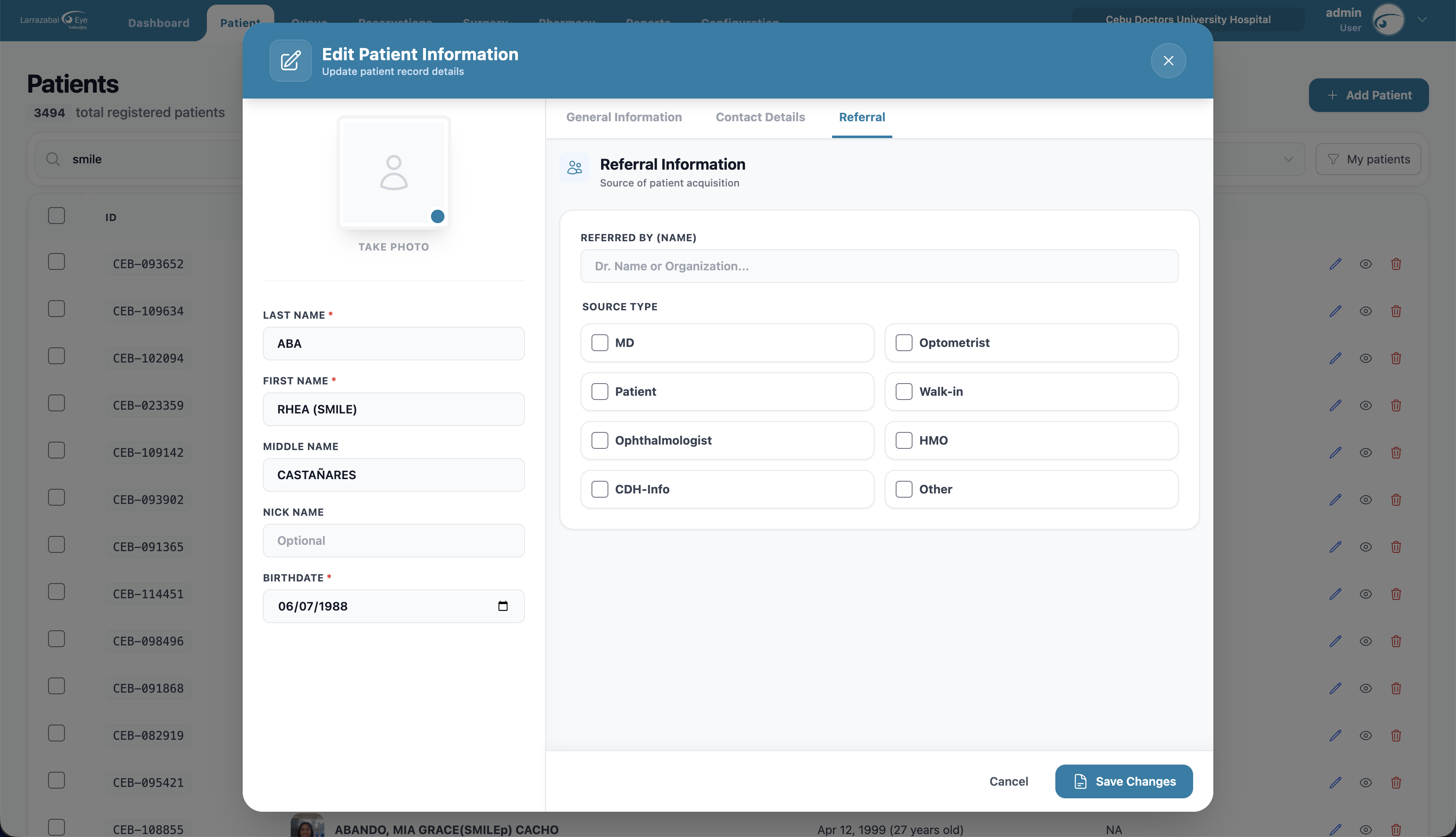 The patient form's Referral tab