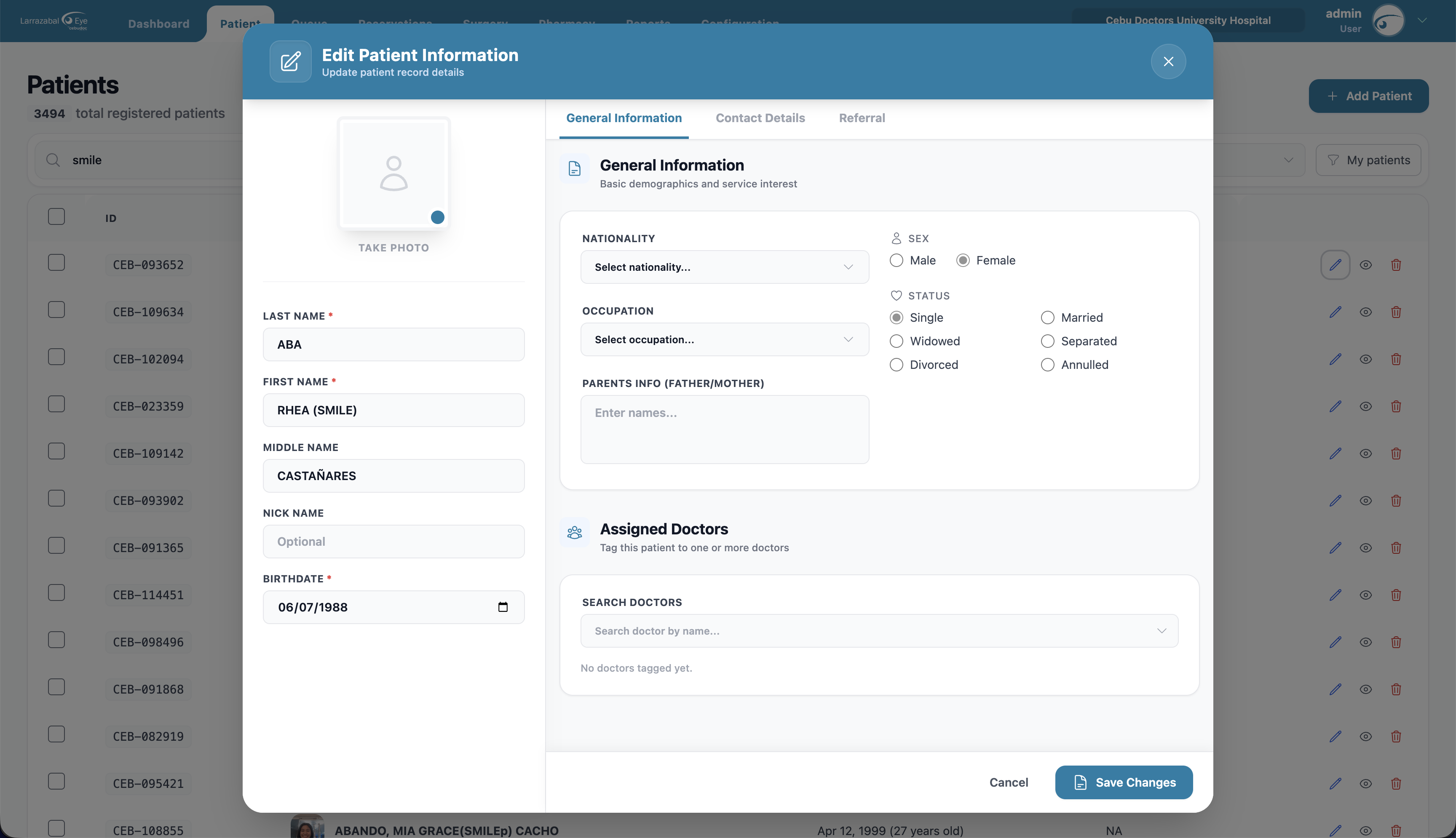 The new patient registration form, General Information tab