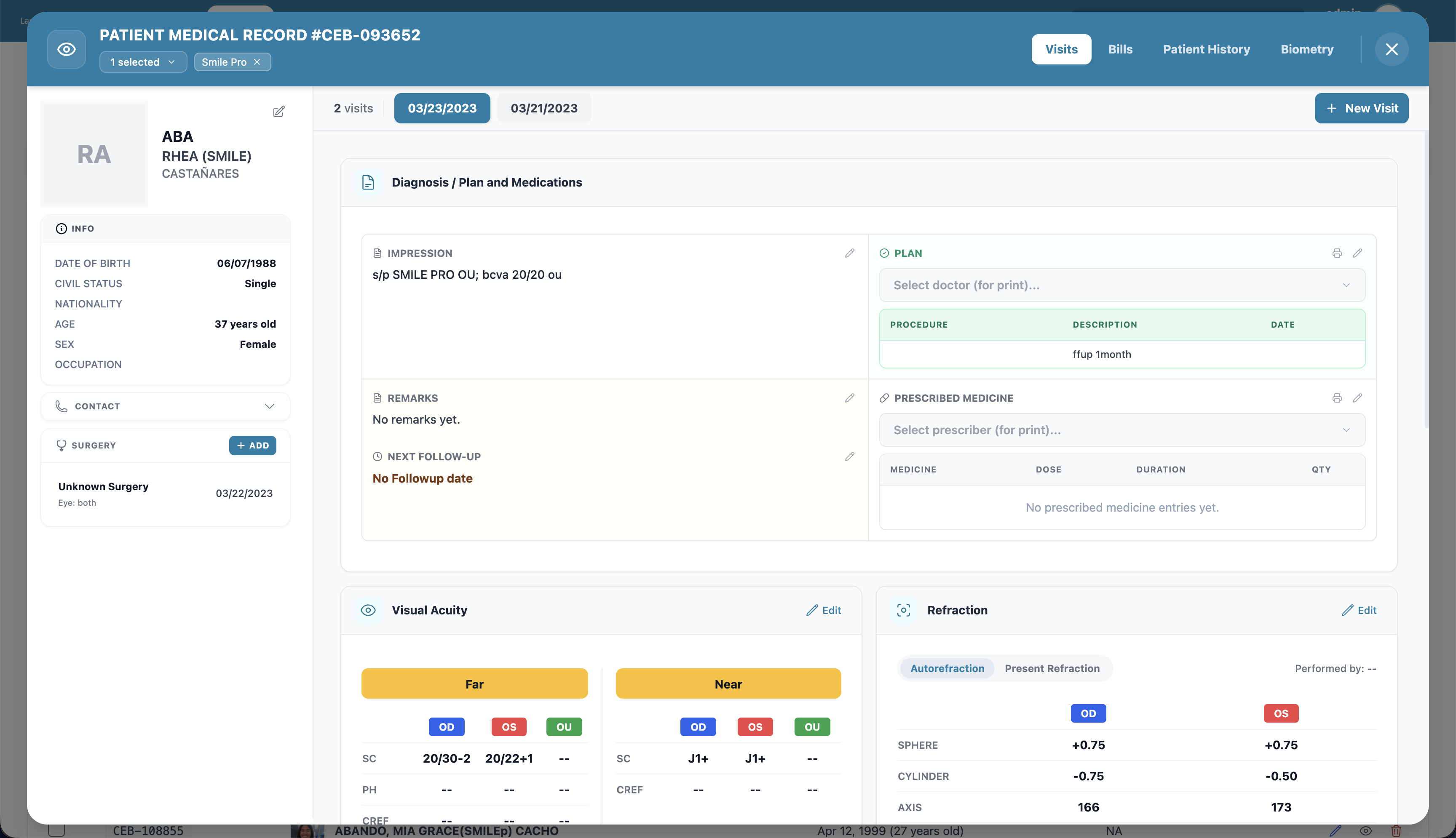 A patient medical record showing a visit's diagnosis, plan, and exam cards