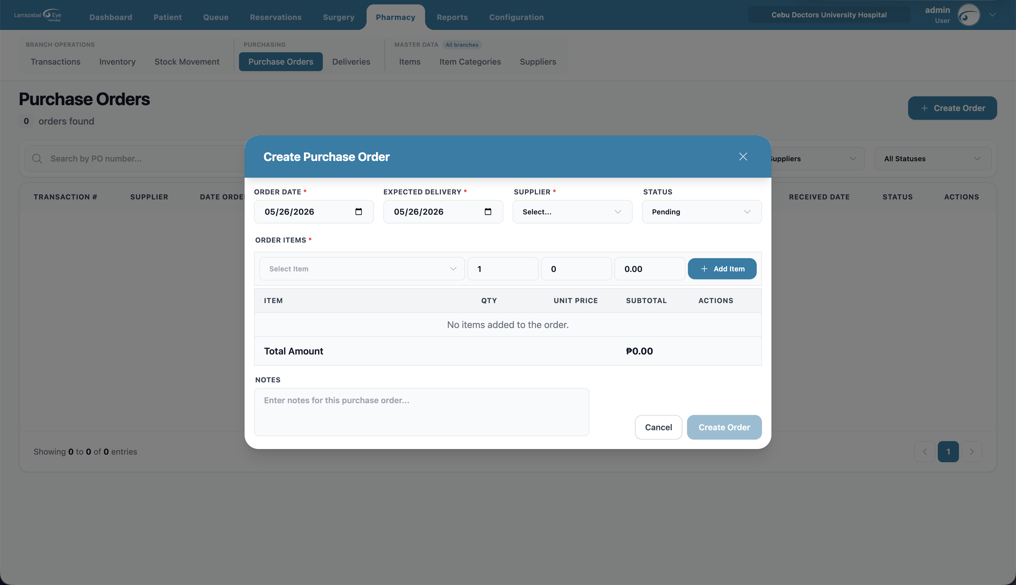 The Create Purchase Order dialog