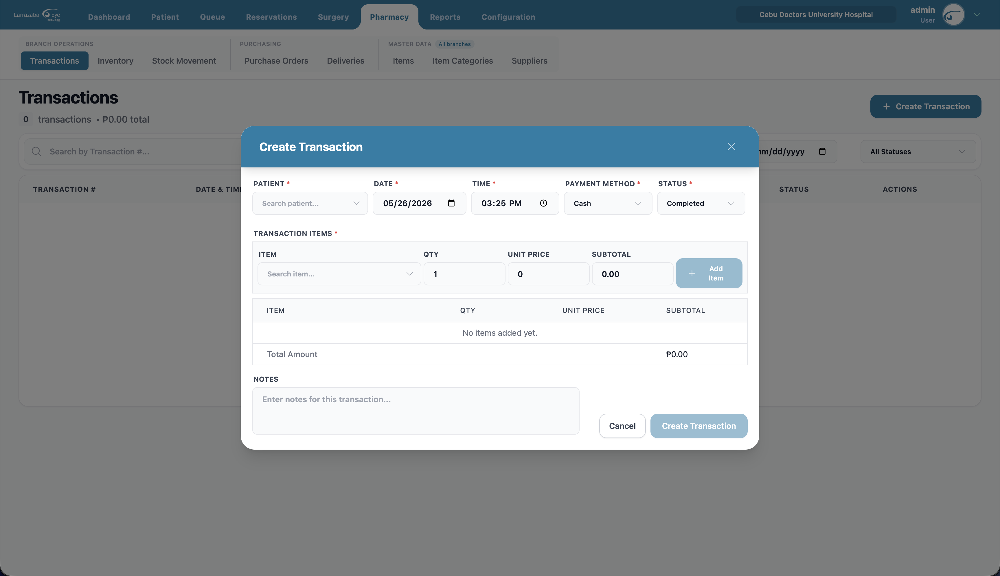 The Create Transaction dialog