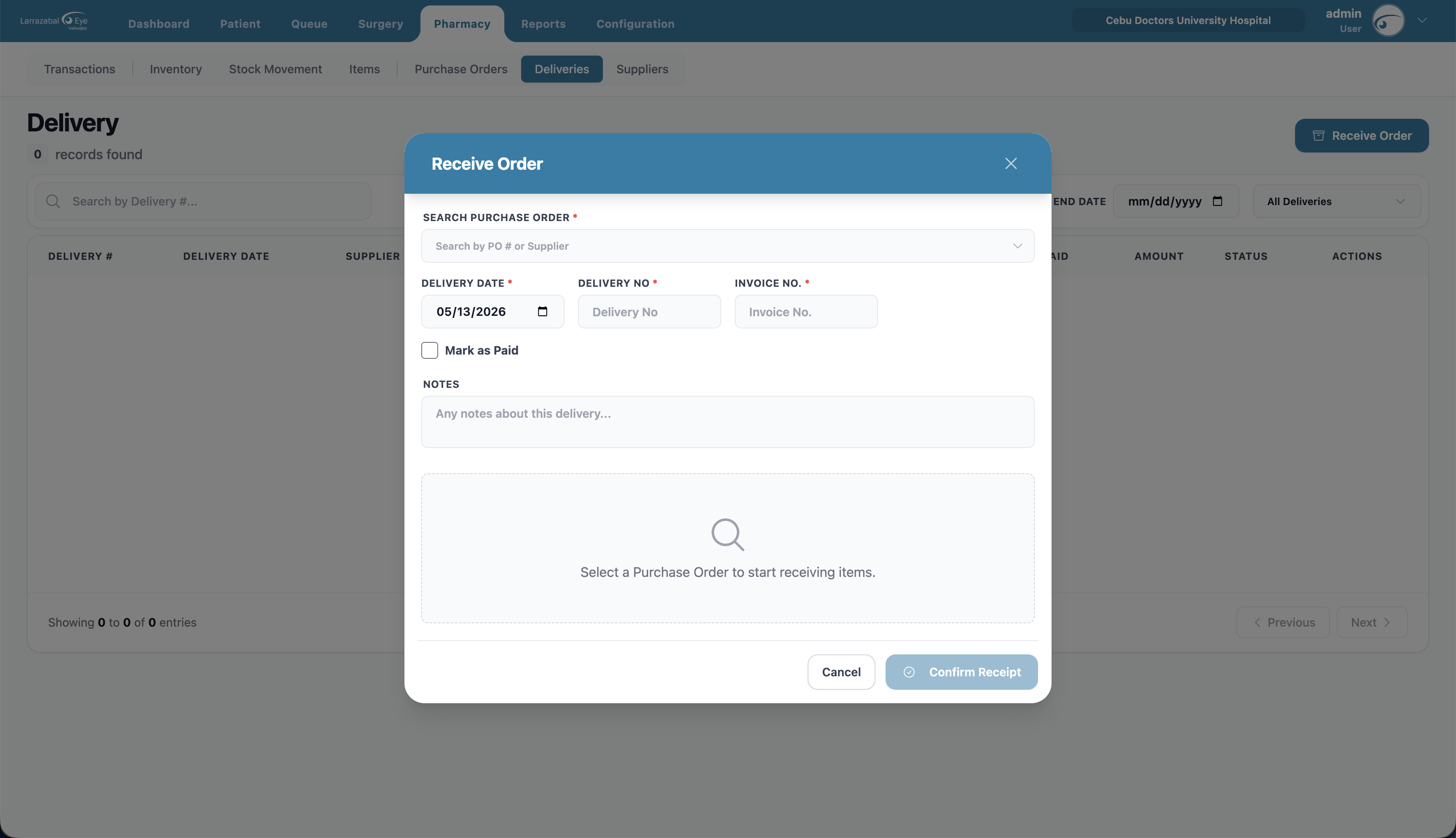 The Receive Order dialog
