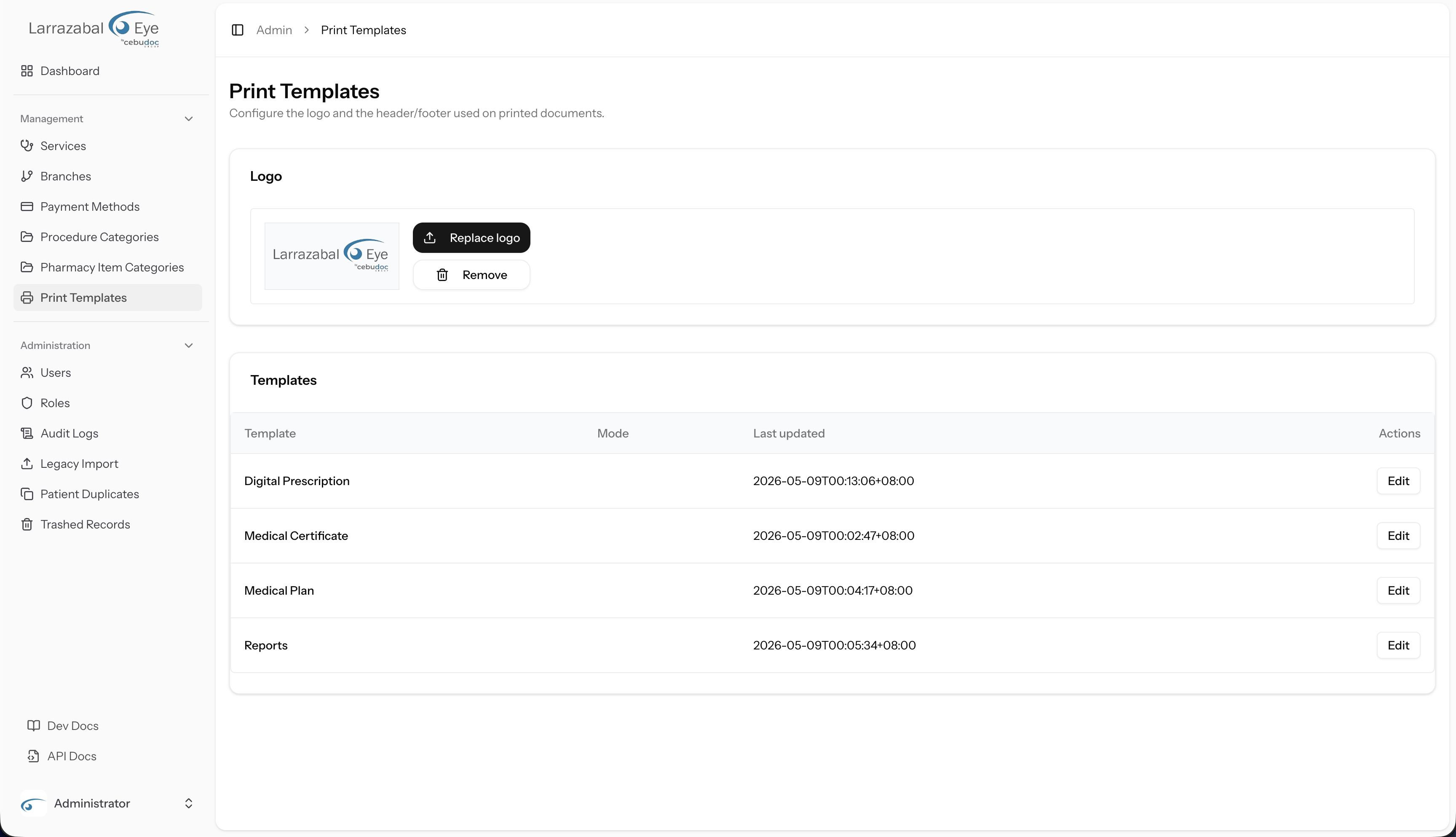The Print Templates screen — logo card and templates list