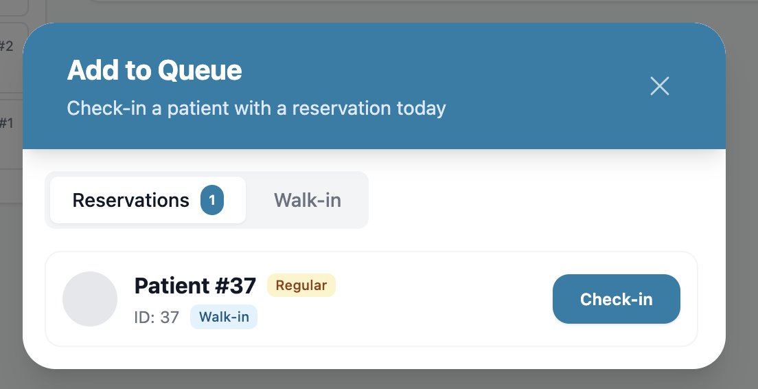 The "Add to Queue" dialog with the Reservations and Walk-in tabs