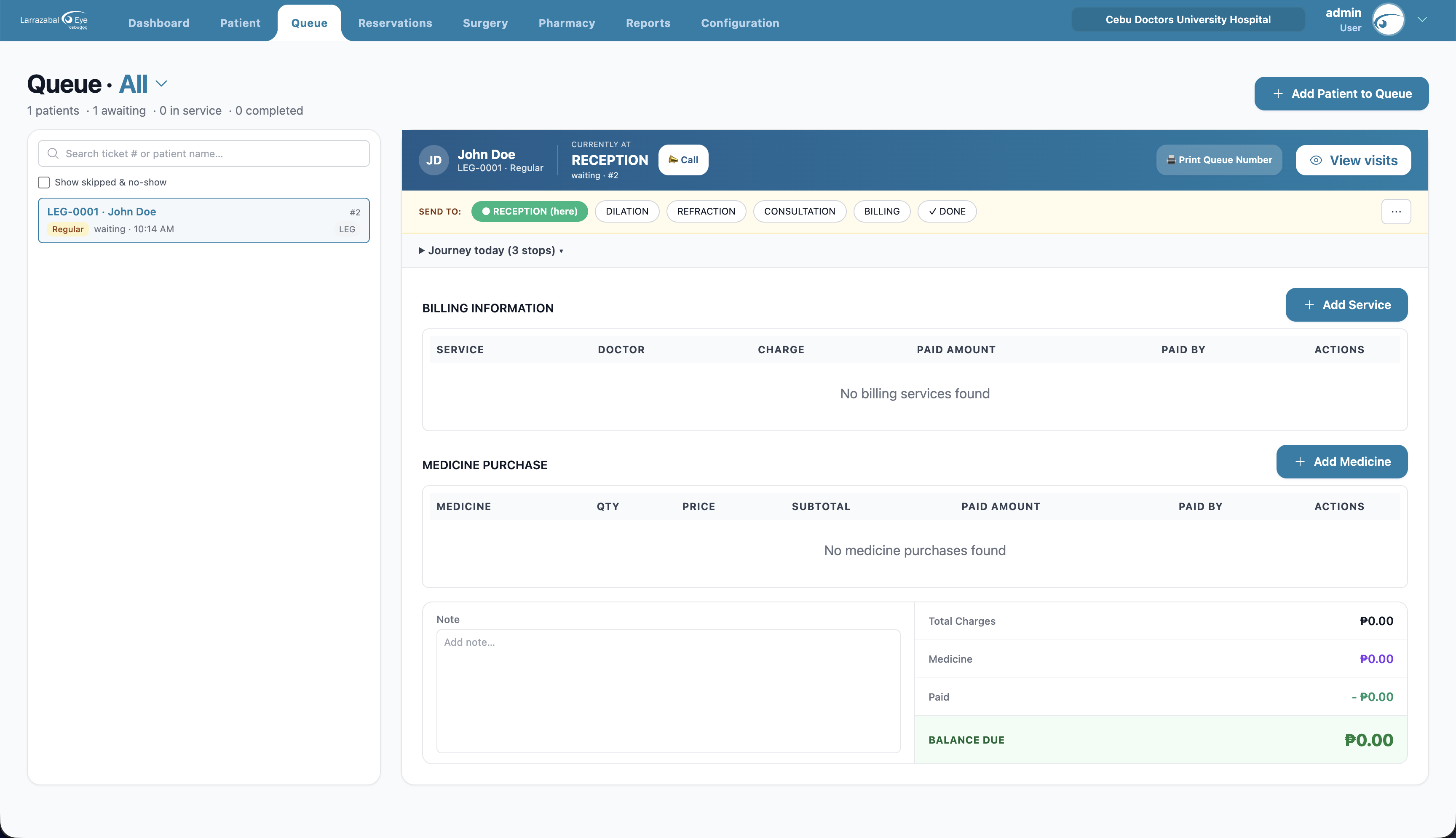 The Queue page with a patient selected