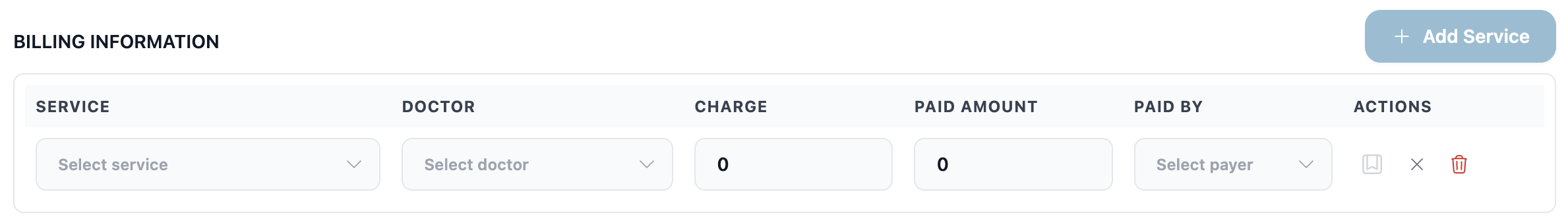 A selected queue patient with the action bar and billing section