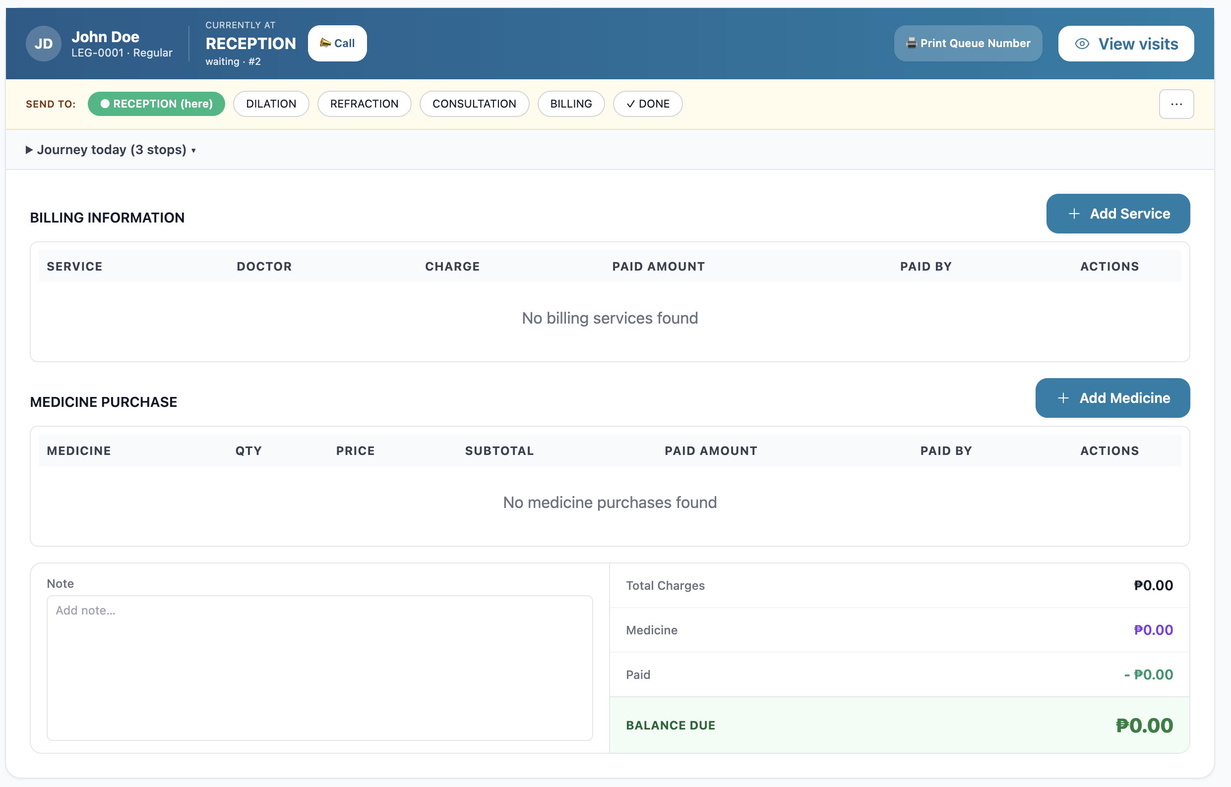 A selected patient's panel — header, "Send to" stage bar, and journey log