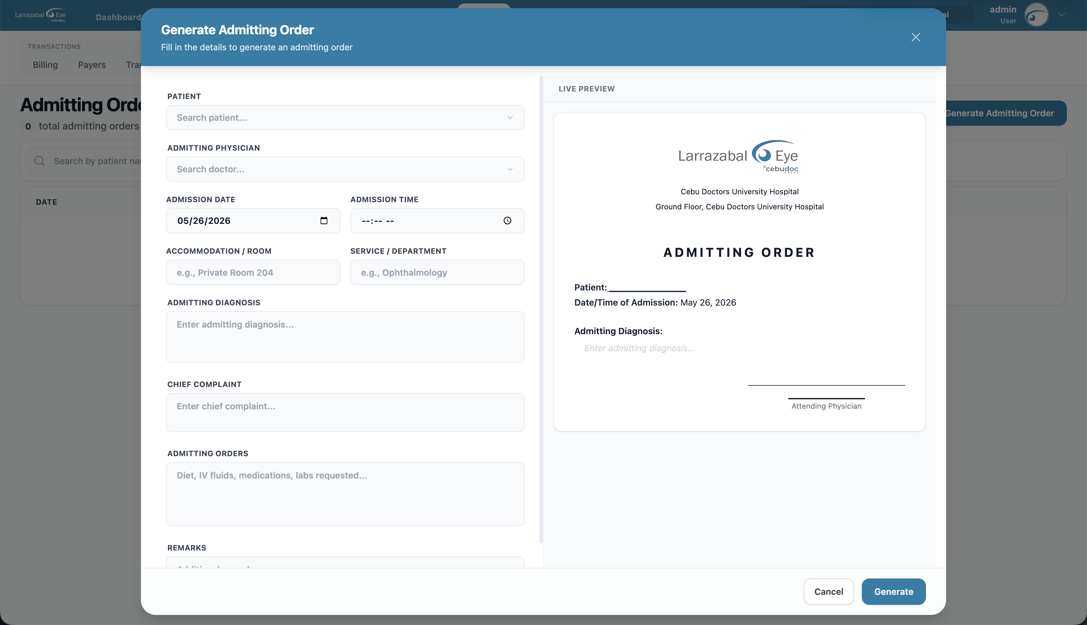 The Generate Admitting Order dialog
