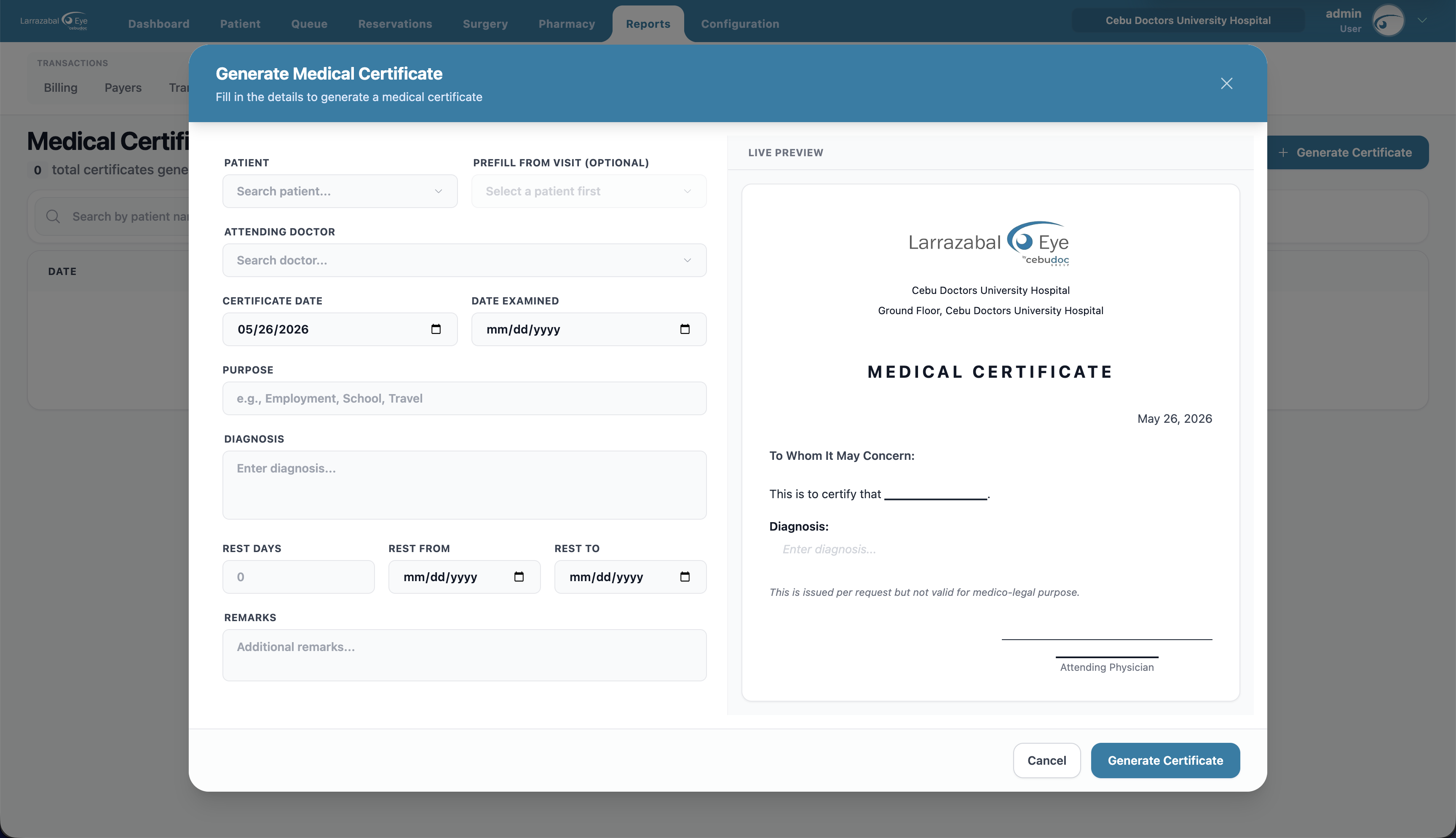 The Generate Medical Certificate dialog with live preview