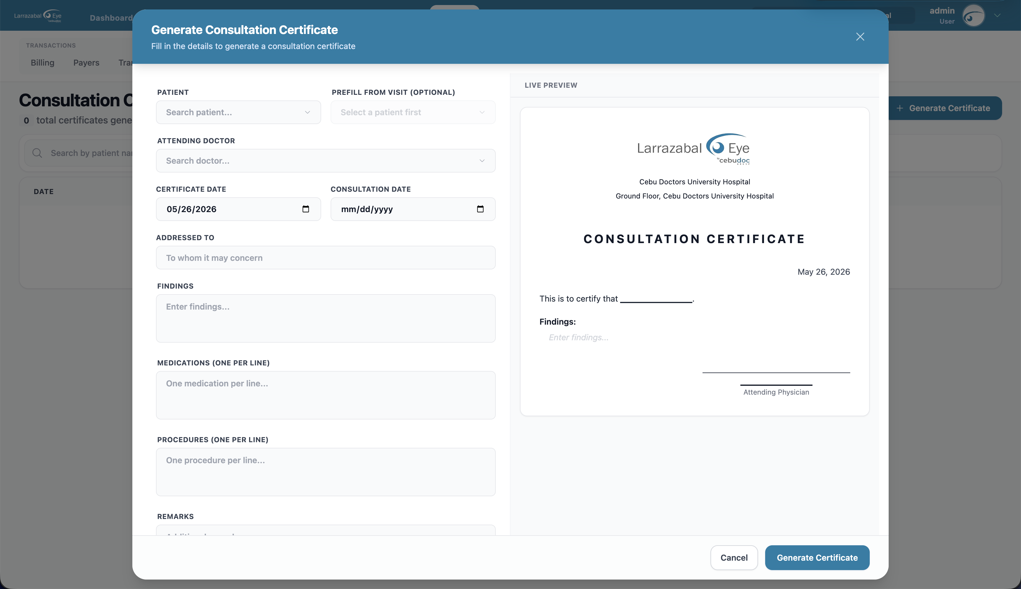 The Generate Consultation Certificate dialog