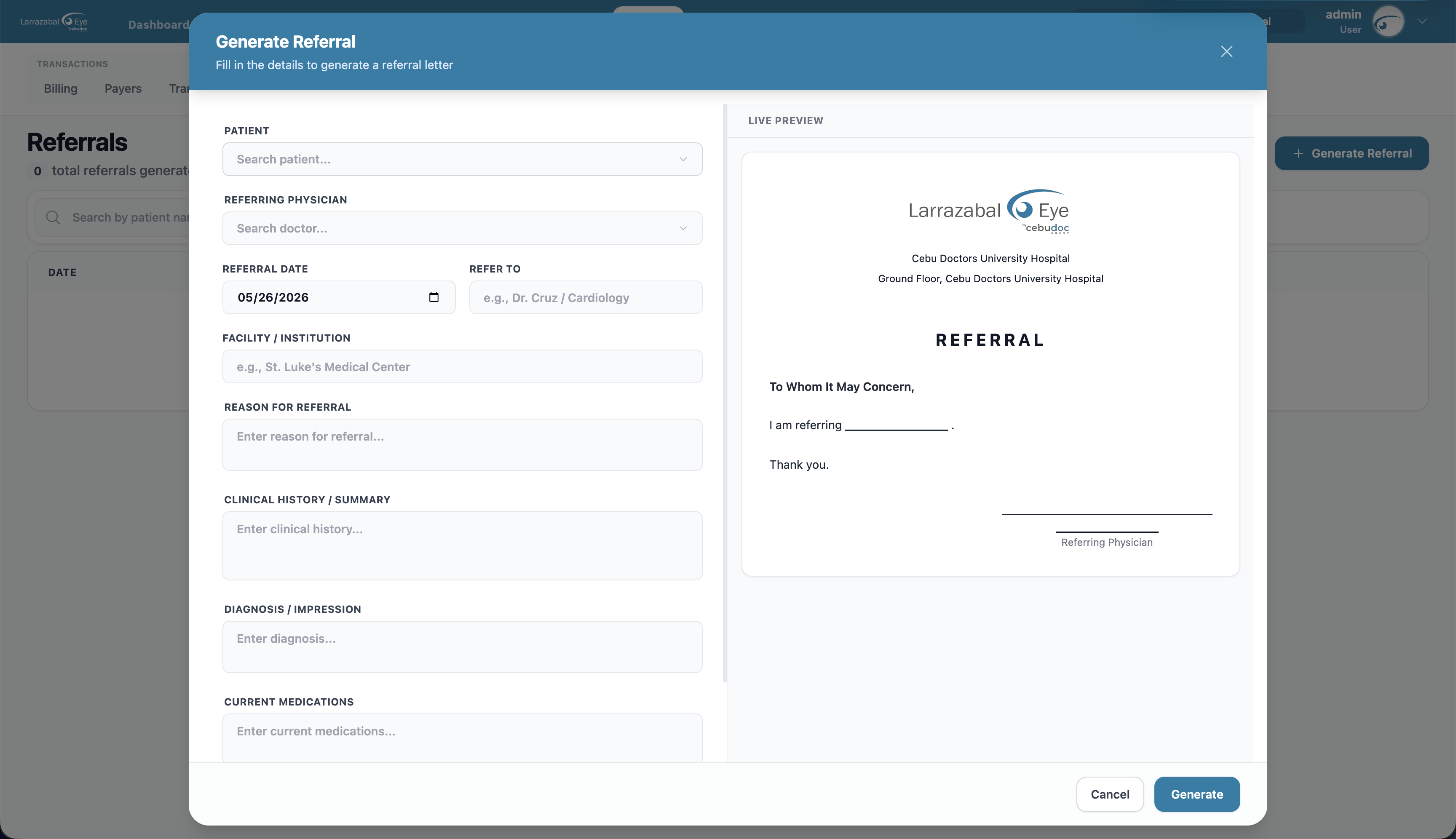 The Generate Referral dialog