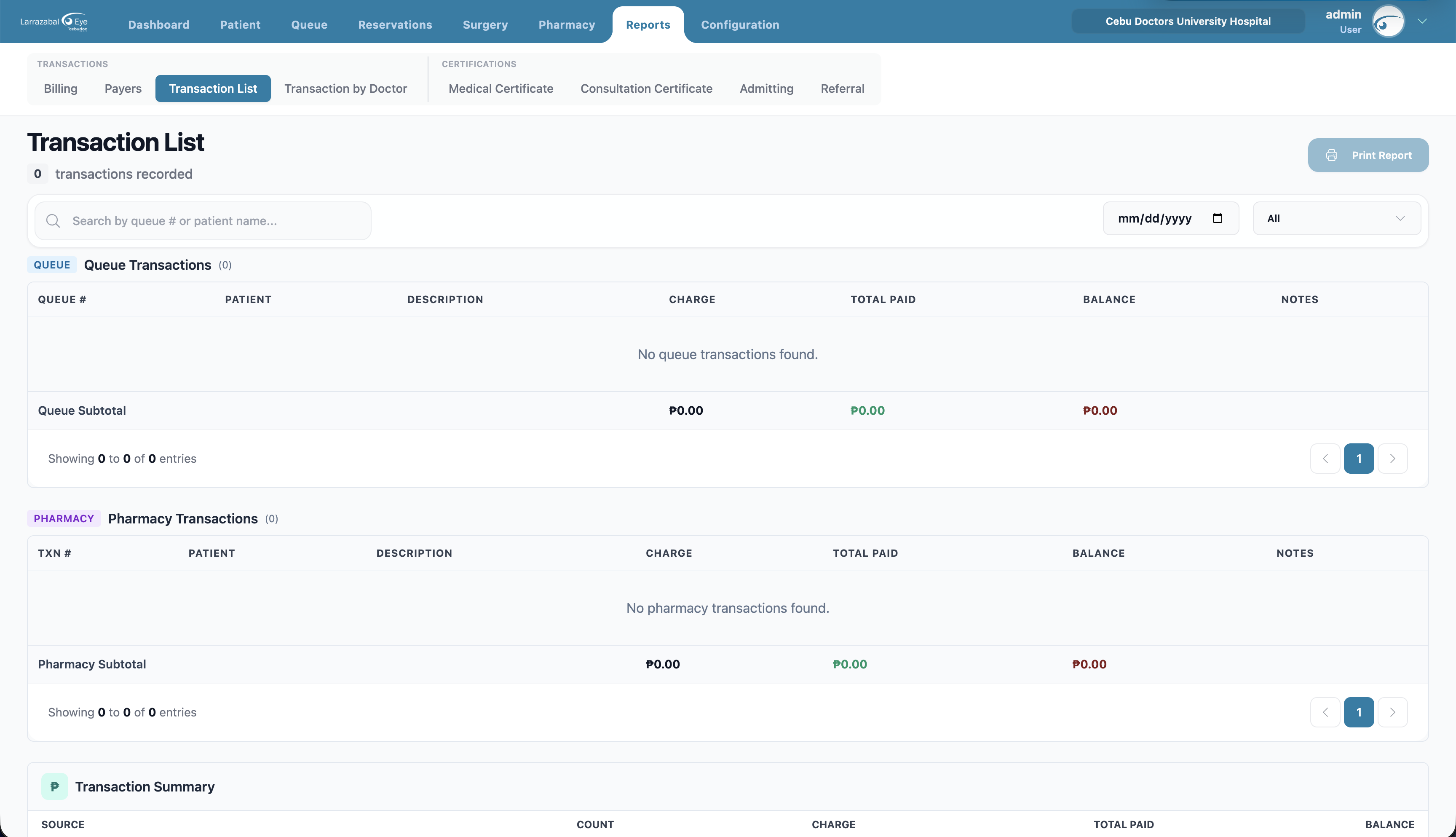 The Transaction List report with its Queue and Pharmacy sections