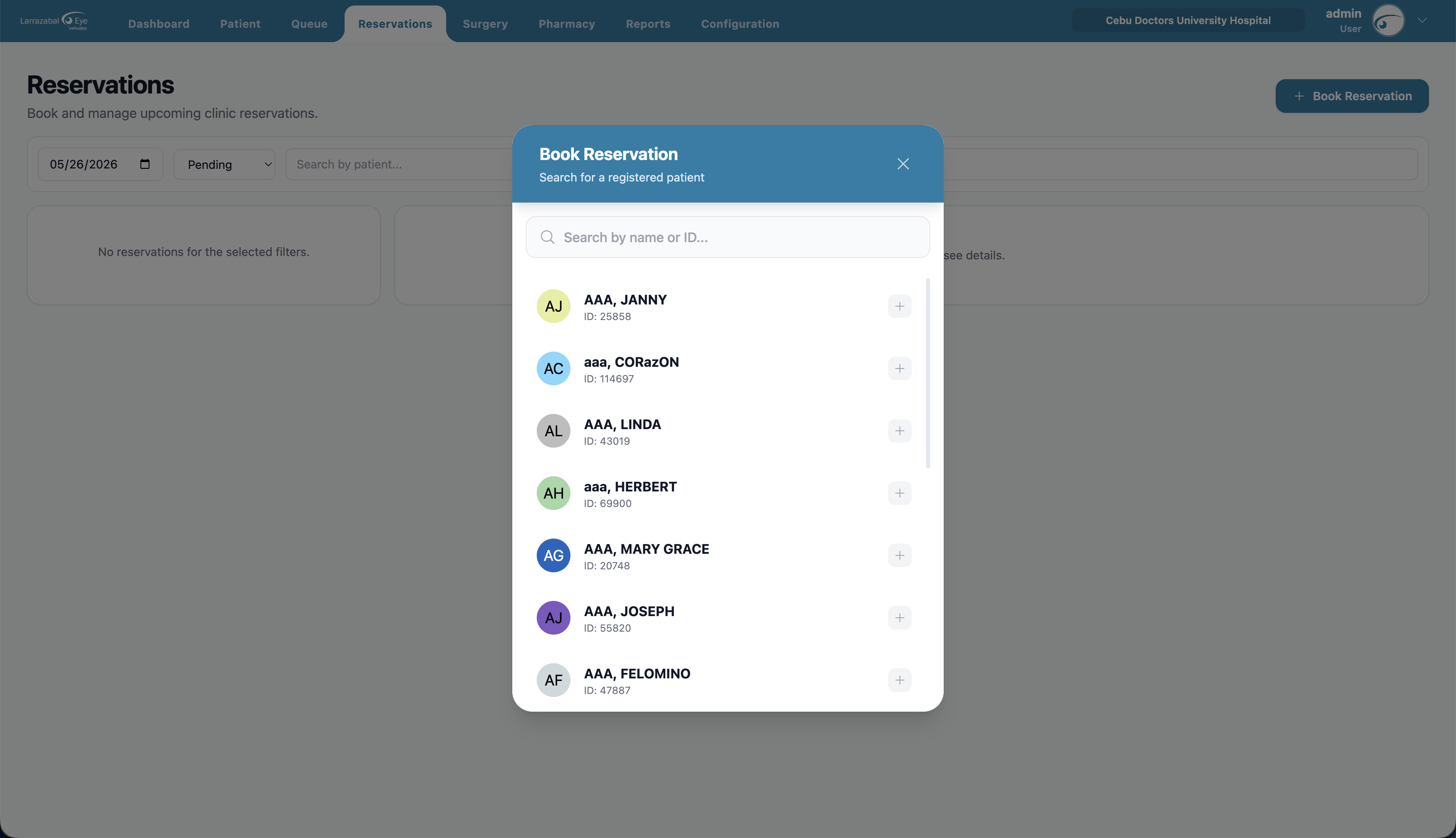 The Book Reservation dialog with patient search