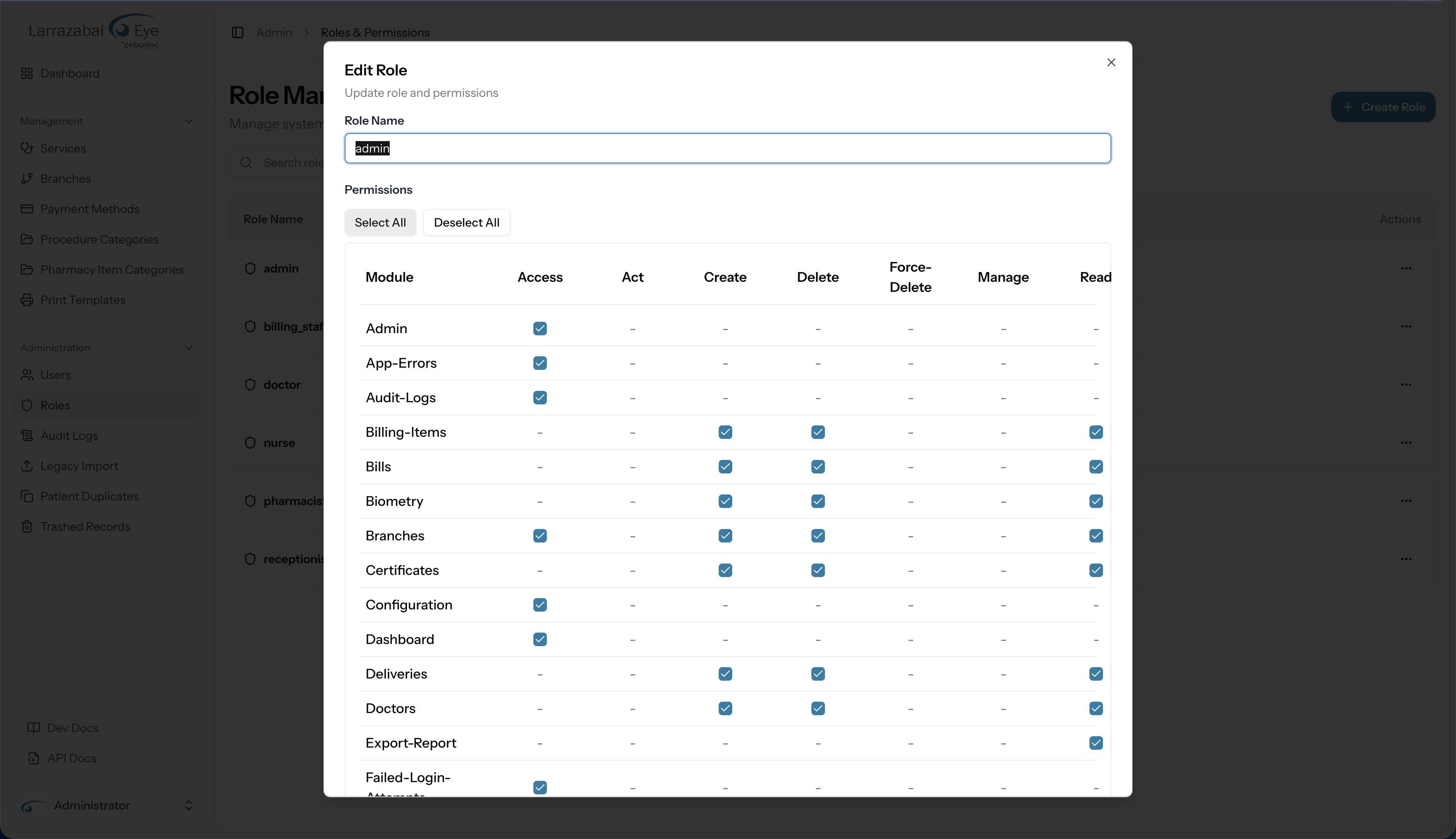 Editing a role — the permissions matrix