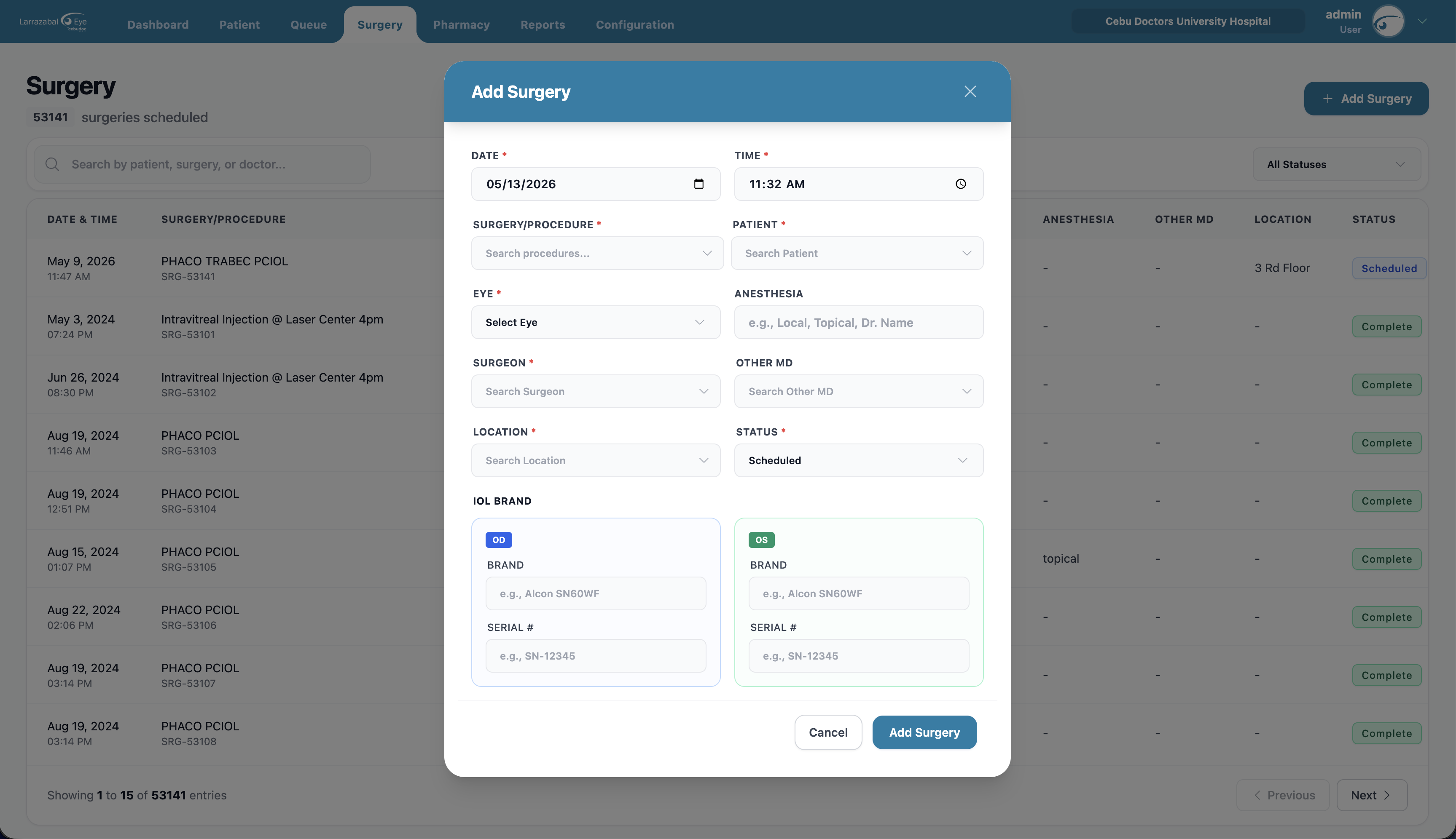 The Add Surgery form, including the IOL brand fields for each eye